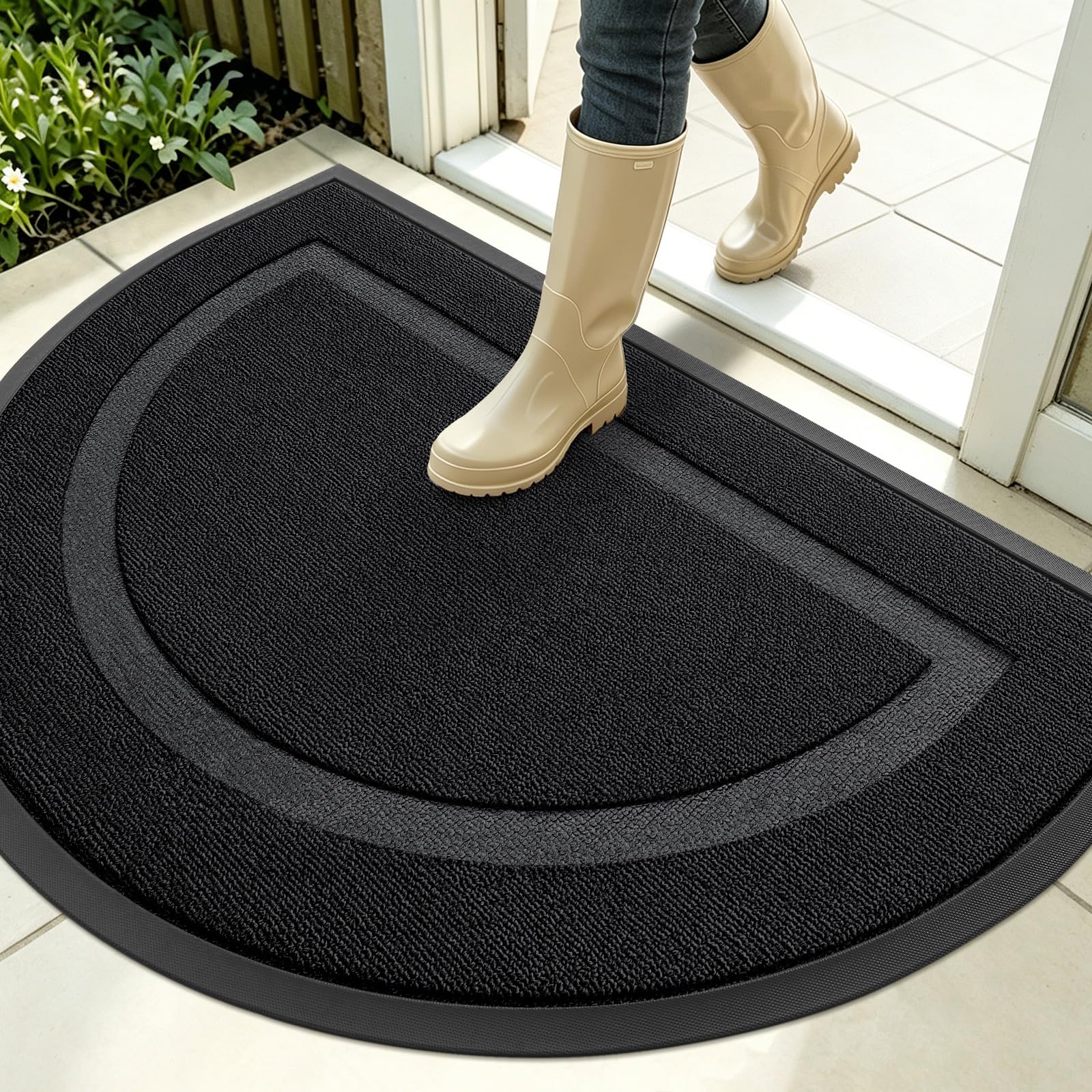 OLANLY Half Circle Front Door Mat Outside 35x23 All-Season Rubber Doormat | Jet Black, Absorbent, Heavy-Duty, Stain Fade Resistant, Waterproof Non-Slip Backing, Low-Profile Indoor Outdoor Entryway Mat