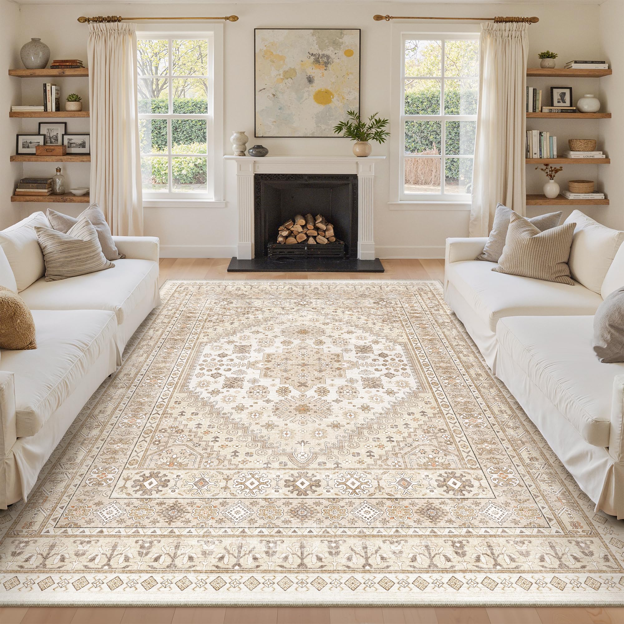 zesthome 10x12 Area Rugs,Stain Resistant Washable Rug,Ultra-Thin Rugs for Living Room,Bedroom,Non-Slip Backing Home Decor Large Area Rug (Cream/Beige,