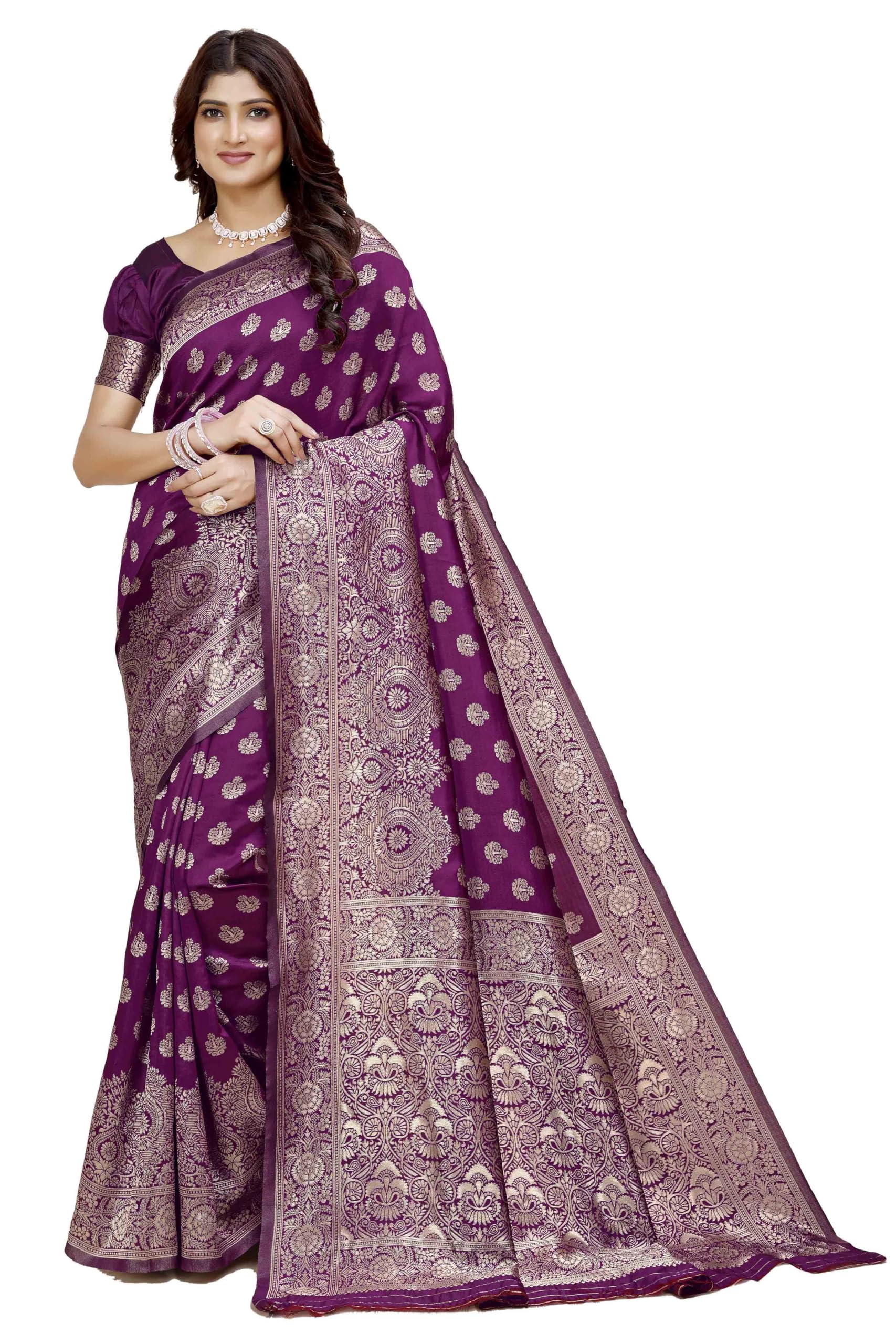 Shasmi Women's Banarasi Saree Pure Kanjivaram Silk Saree Soft New Ladies 2025 Design Wear Pattu Sarees Latest Party Sari Collections With Blouse Piece For Wedding Sadi (Pari-216 Wine)