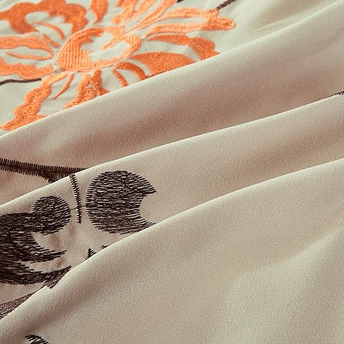 Miniatura 7 de Chezmoi Collection Daphne Bed in a Bag - Juego de edredón tamaño Queen de 7 piezas con sábanas, bordado floral otoñal, naranja, marrón, gris pardo