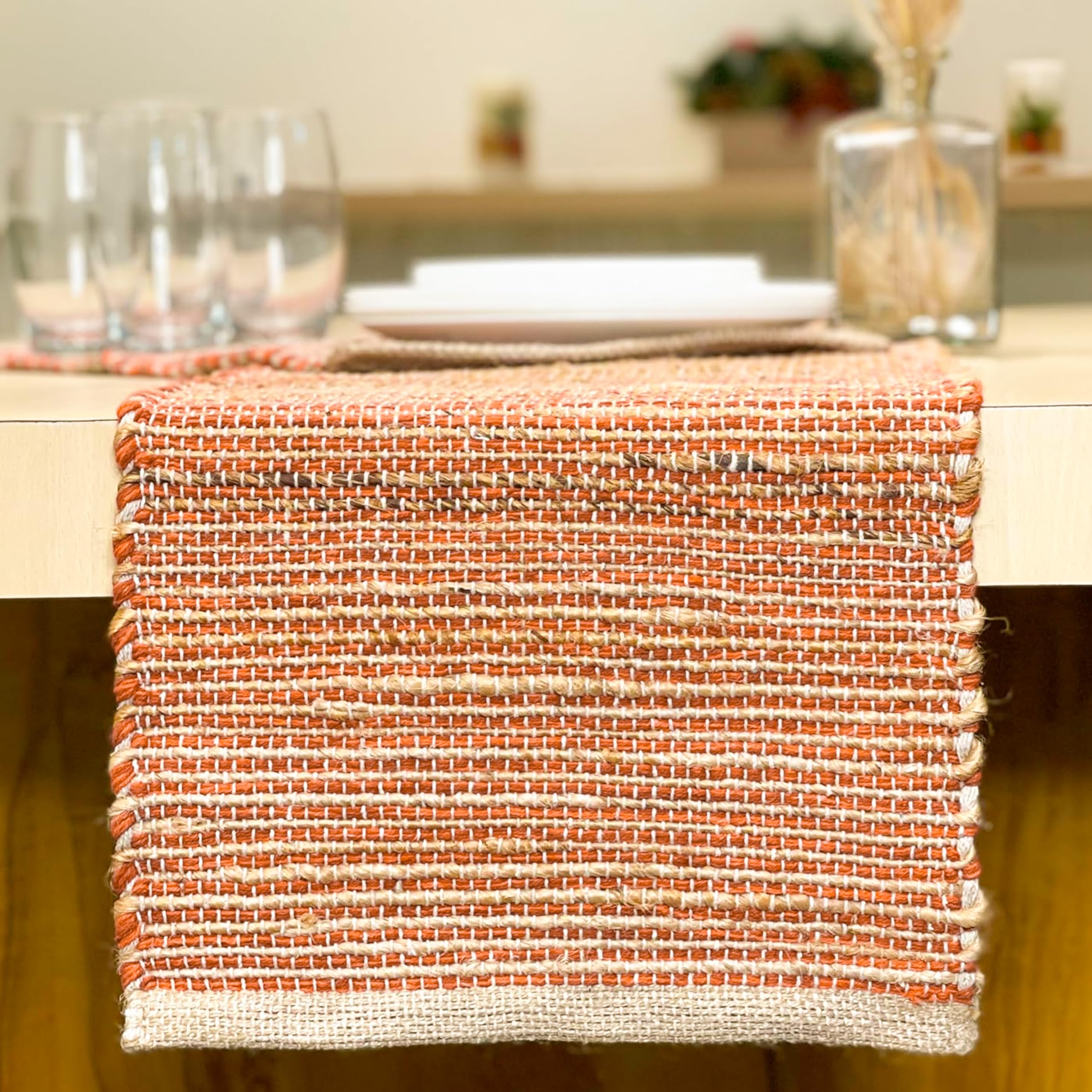 Chardin home Natural Jute Table Runner 13x72 Inch – Vintage Boho Rustic Table Decor – Handwoven Table Runner in Natural Jute and Rust Orange – Farmhouse Dining or Console Table Accent