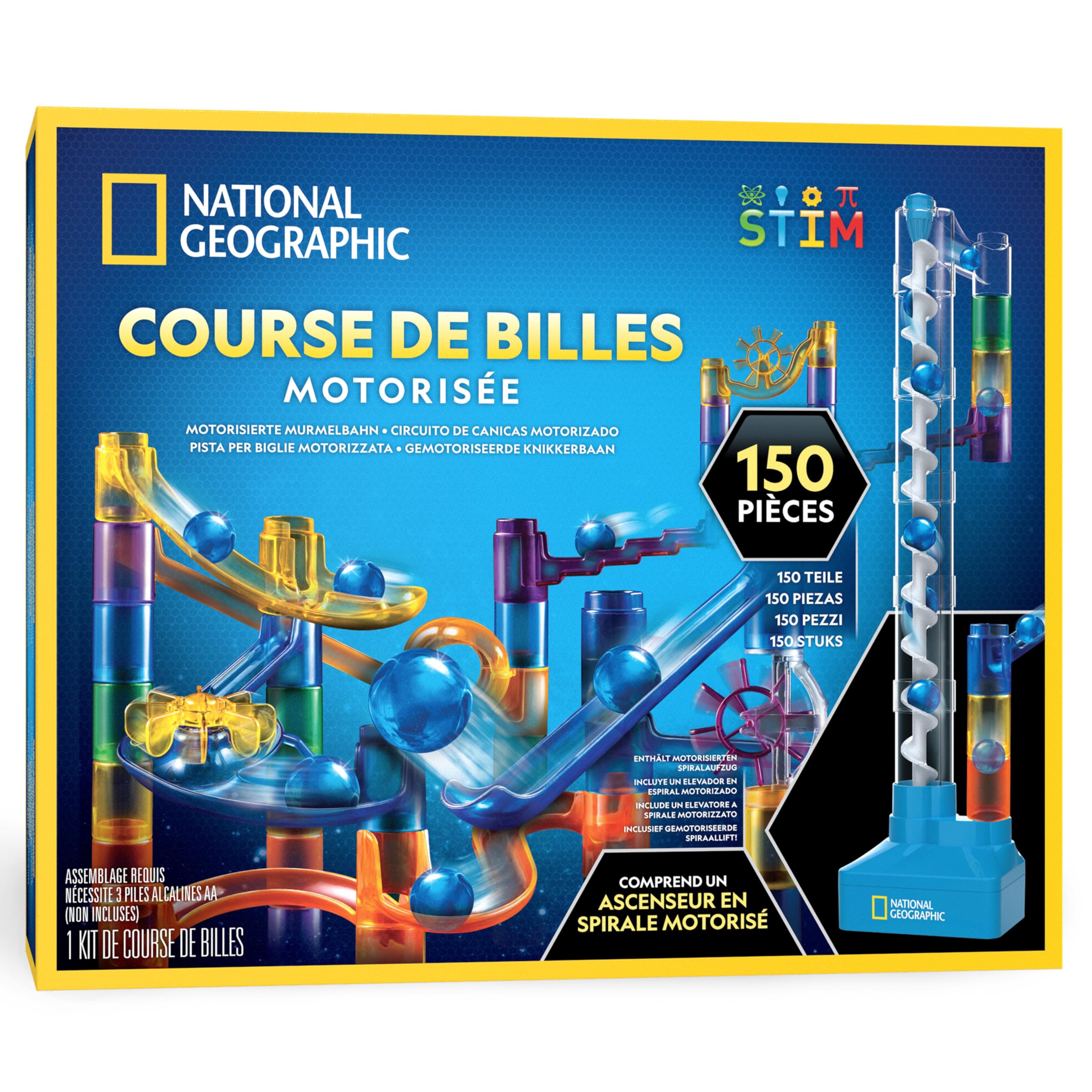 NATIONAL Geographic Circuit à Billes Avec Ascenseur Motorisé – Kit De 150 Pièces, Spirale Motorisée, 30 Billes, Sac De Rangement, Perpetuum Mobile, Jeu De Billes, Jouet Physique Pour Enfants
