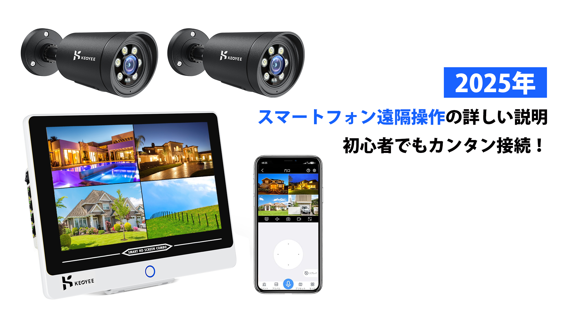 KEEYE 監視カメラ 2台とモニター 3TB　P500-DP12-2 500万画素対応・双方向の音声・360° PTZ機能搭載 】防犯カメラ