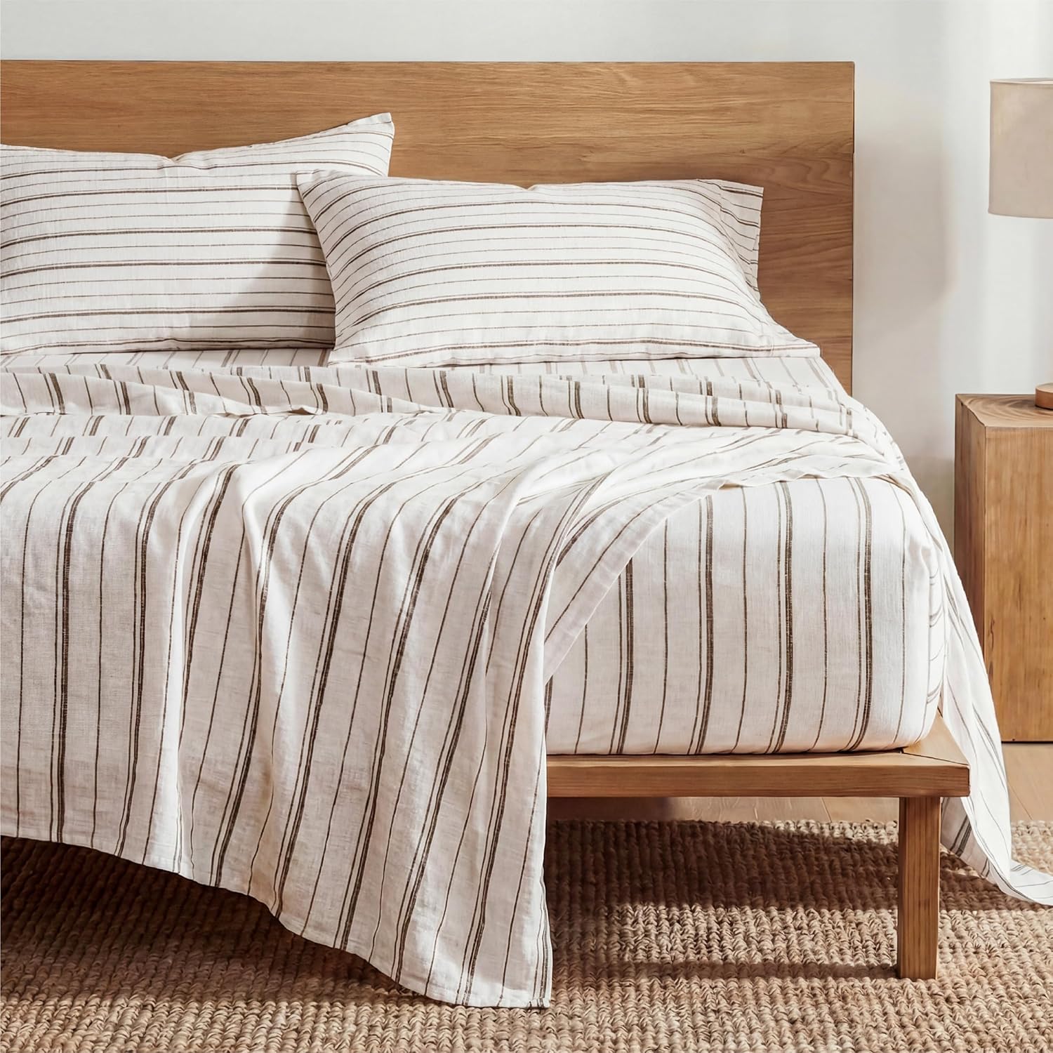 Bedsure Striped Sheets Queen Size - Fits Mattresses Up to 16" Deep - 4 Piece Breathable Bed Sheets, Imitation Cotton Textured Jacquard Bedding Sheet Set, Dobby Stripe Bedsheet & Pillowcases，Beige