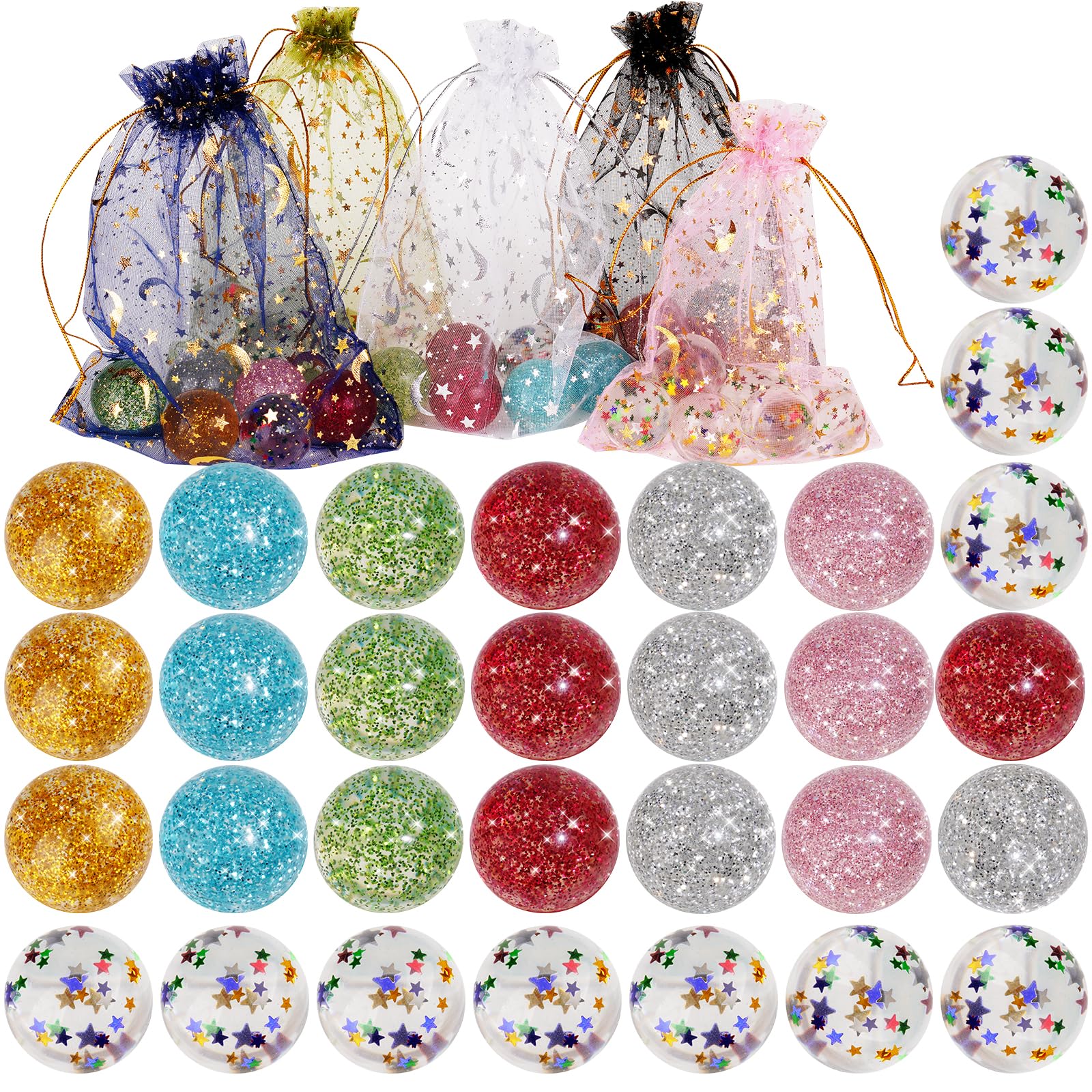 NiToy 30 Pack Glitter Bouncy Balls, 32mm High Elastic Rubber Balls for Party Favors, Carnival Prizes, Event Decoration - 5 Mesh Bags Included (Only
