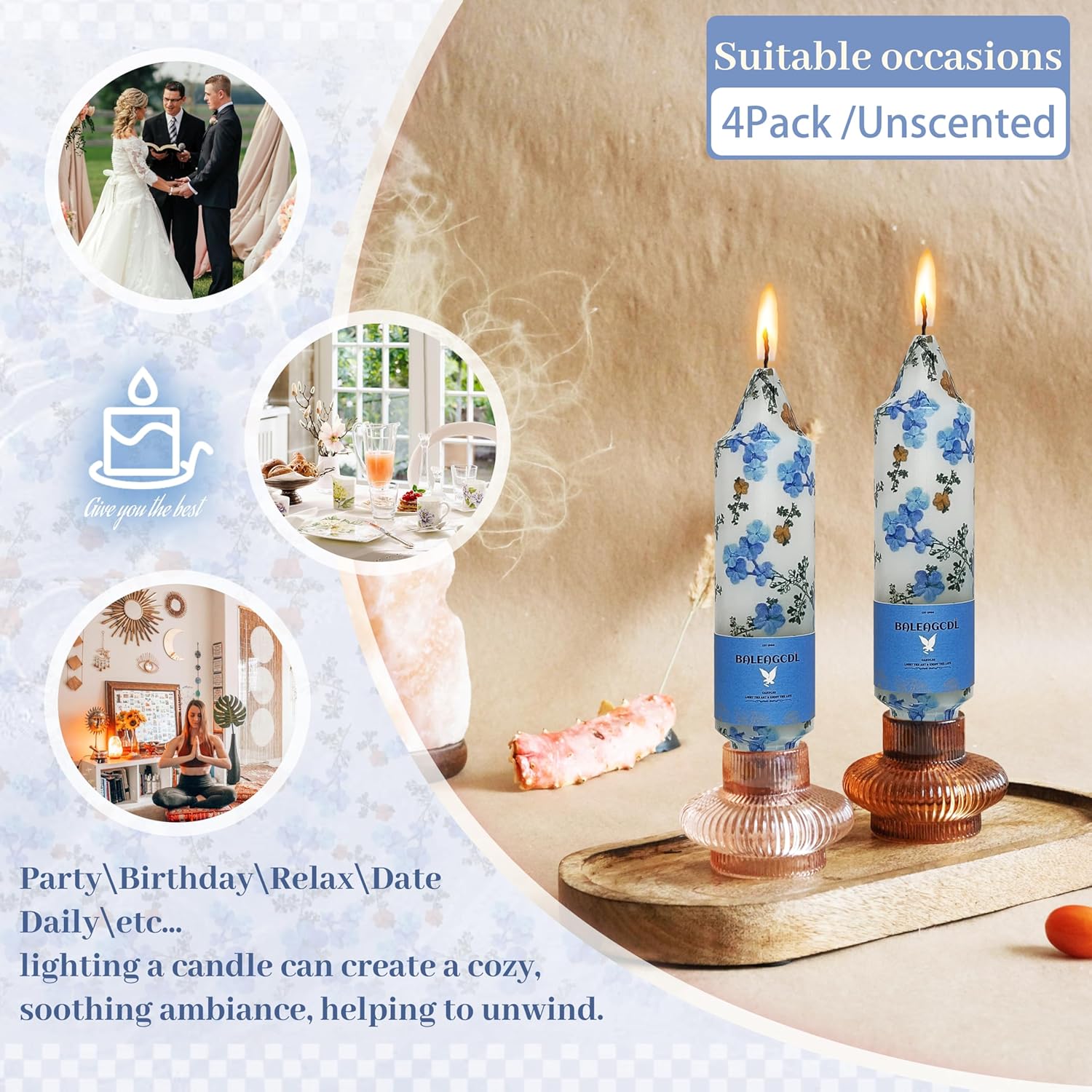 Print Taper Candles - Blue Floral Blend Pattern Short Candle 5Inch Unscented Flower Tapered Candlesticks for Family Gatherings Weddings Restaurant Holiday Decorations Set of 4