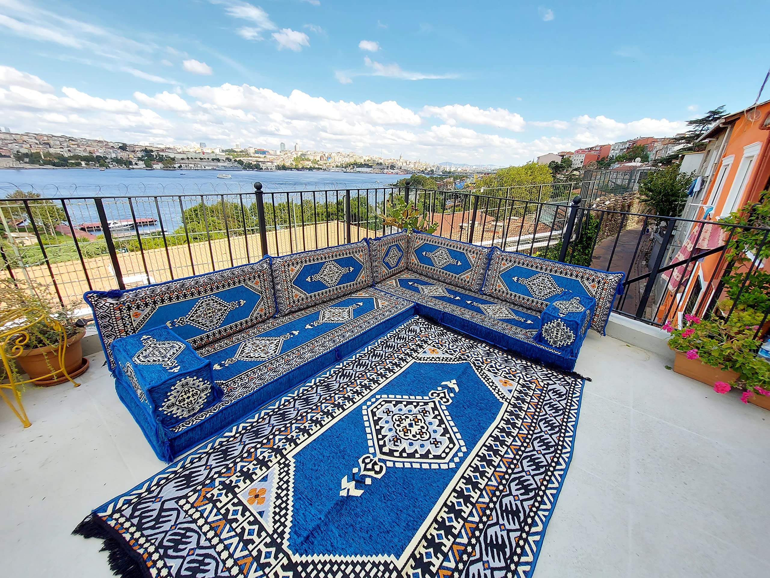 U Shaped Sectional Sofa, Terrace Royal Blue Arabic Sofa, Floor Cushions, Arabic Majlis, Poufs, Turkish Floor Seating Set, Sofa Covers, Sofa Bed (L Sofa + Rug)
