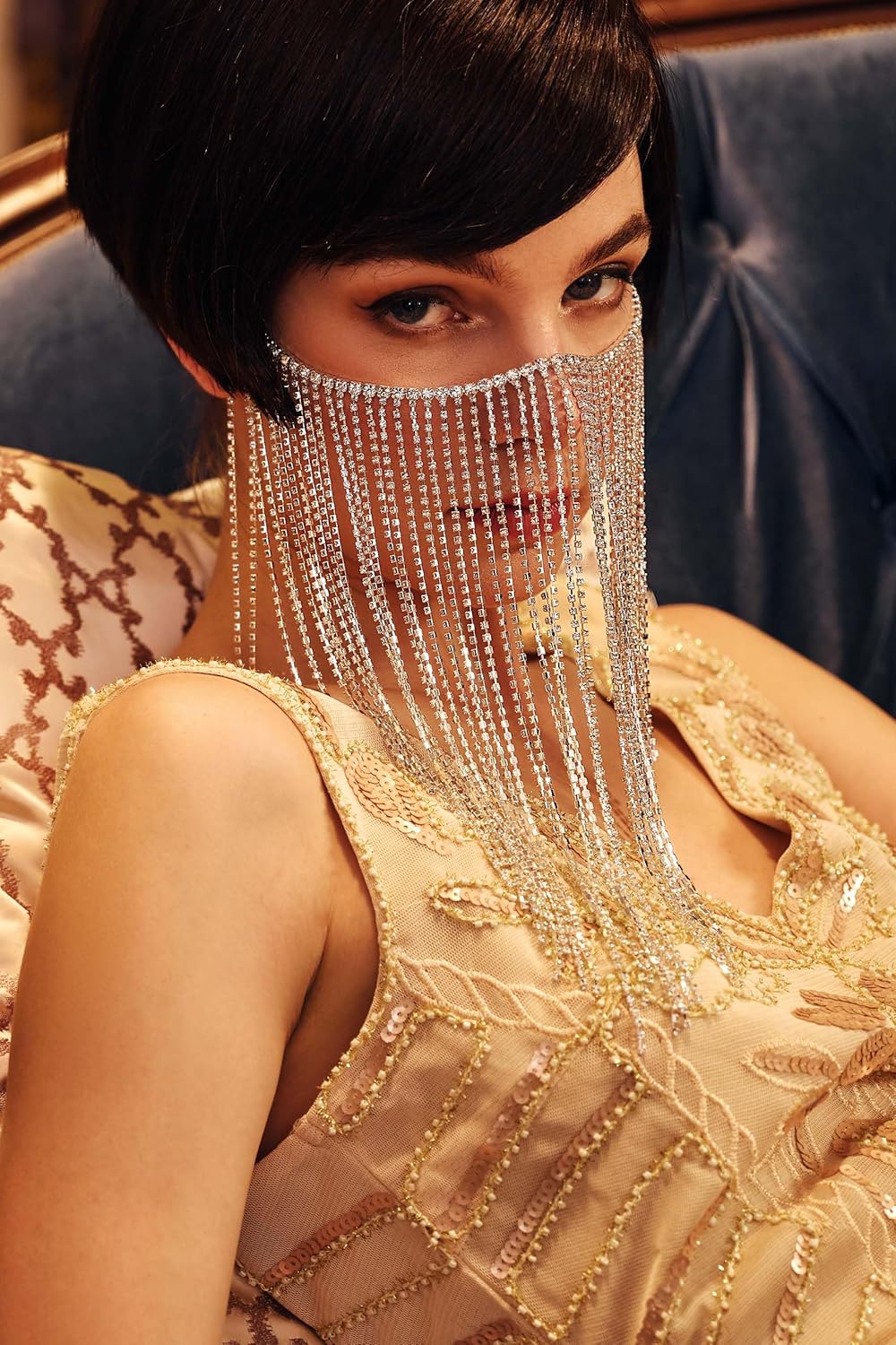 BABEYOND Crystal Rhinestone Fringe Masquerade Mask Chain Costume Headwear Mardi Gras Mask - Image 2