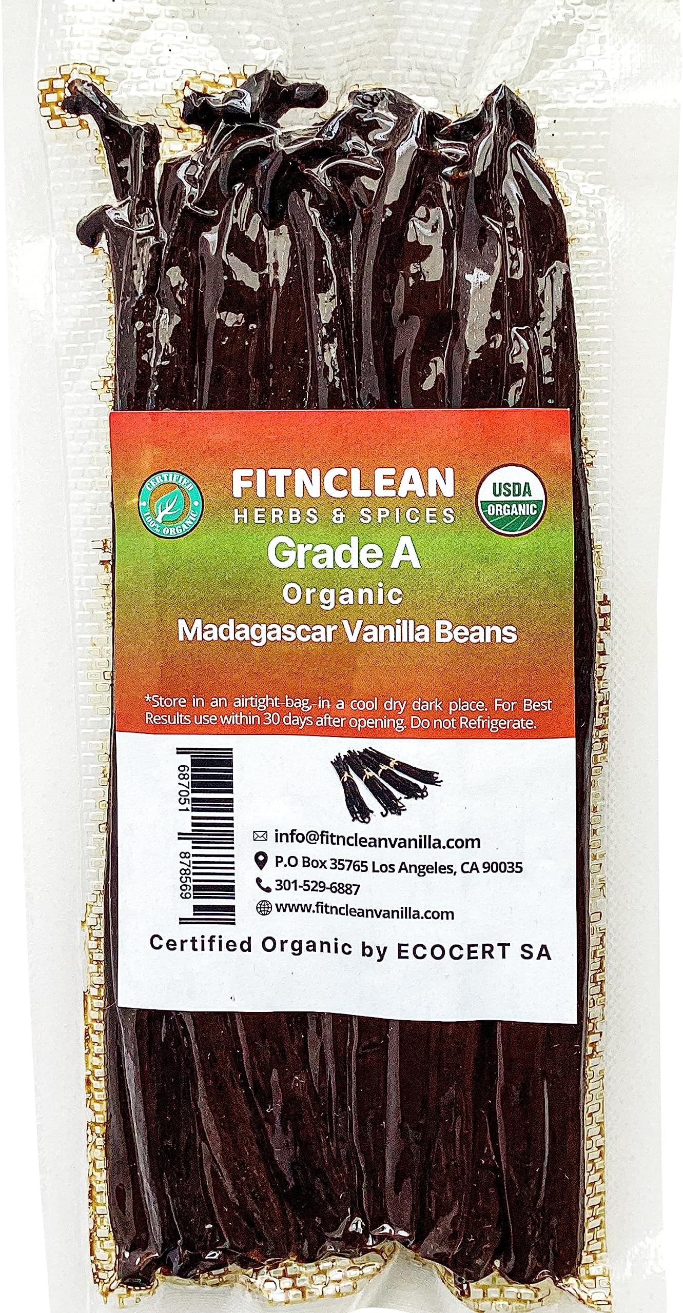 20 Madagascar Organic Vanilla Beans Grade A. Certified USDA Organic. ~6" by FITNCLEAN VANILLA for Baking, Extract and Cooking. Fresh Gourmet NON-GMO Bourbon Whole Pods