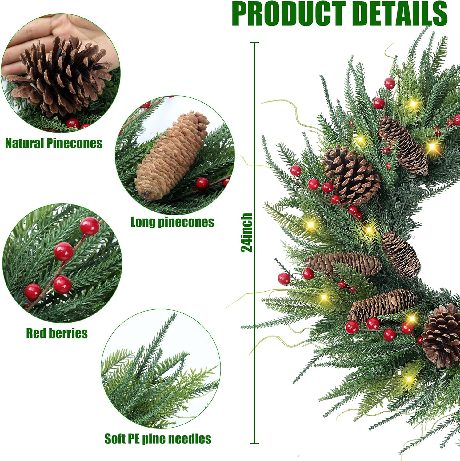 24’’ Real Touch Norfolk Pine Wreath Artificial Christmas Green Wreath for Front Door with Red Berries Pinecones Christmas Decorations for Winter Farmhouse Wall Indoor Outdoor Home Holiday Xmas Decor - Image 7