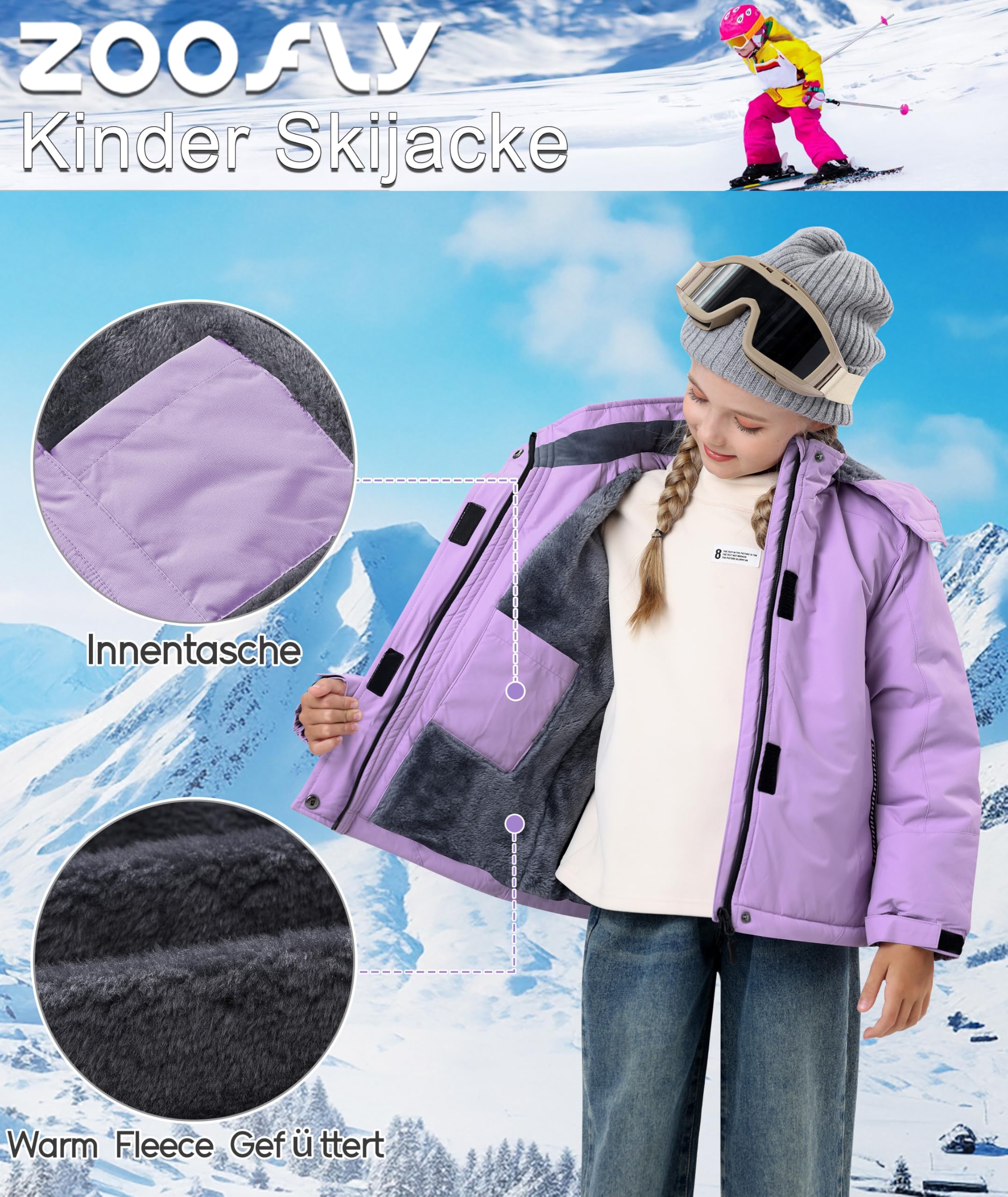 Zoofly Giacca Invernale Bambini Giacca da Neve in Pelo Caldo Giacca da Sci Impermeabile con Cappuccio