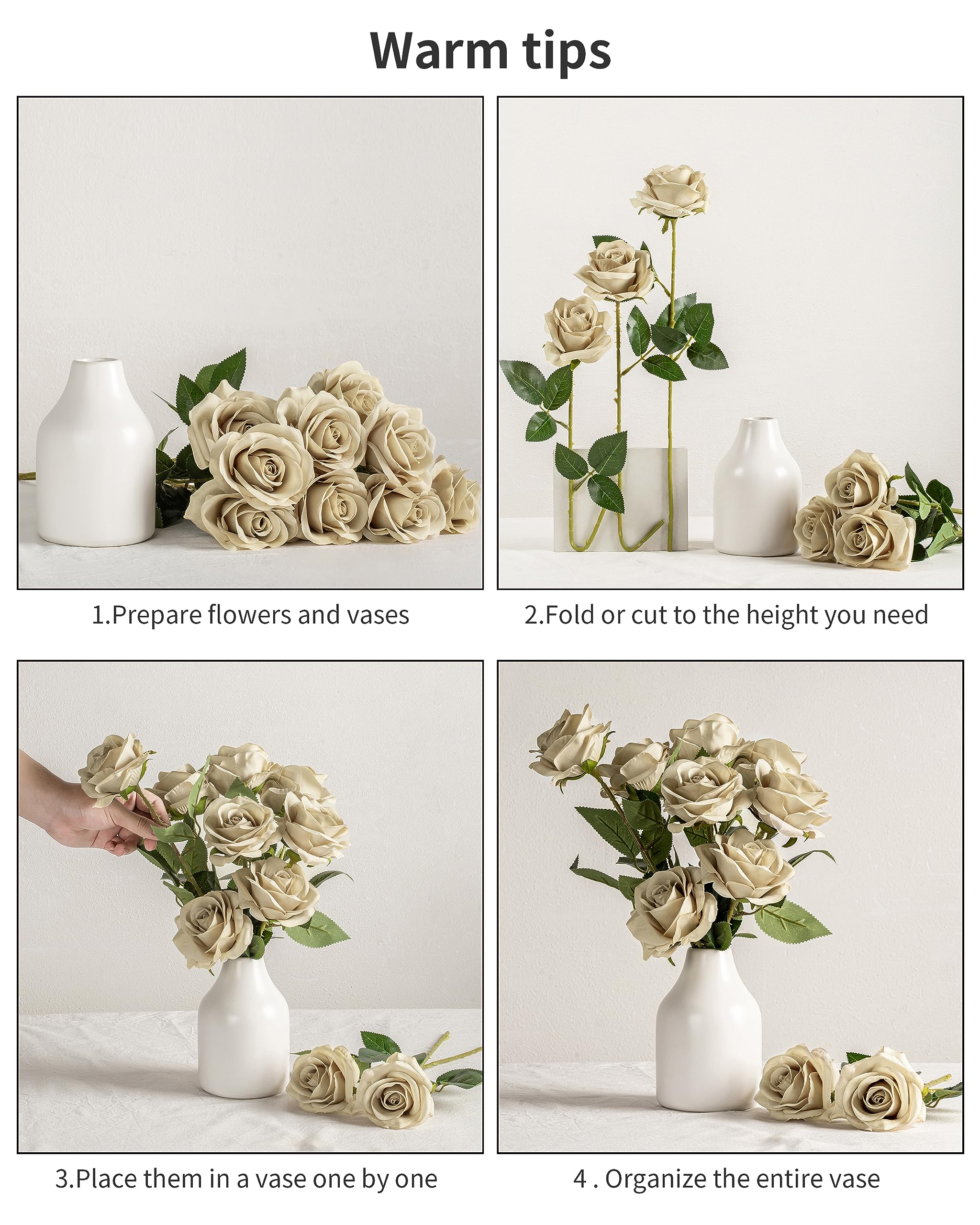 DuHouse 10Pcs Artificial Roses Fake Silk Flowers Realistic Bridal Bouquets with Single Long Plastic Stems for Arrangement Wedding Table Centerpiece Party Home Decor(Reed) - Image 3