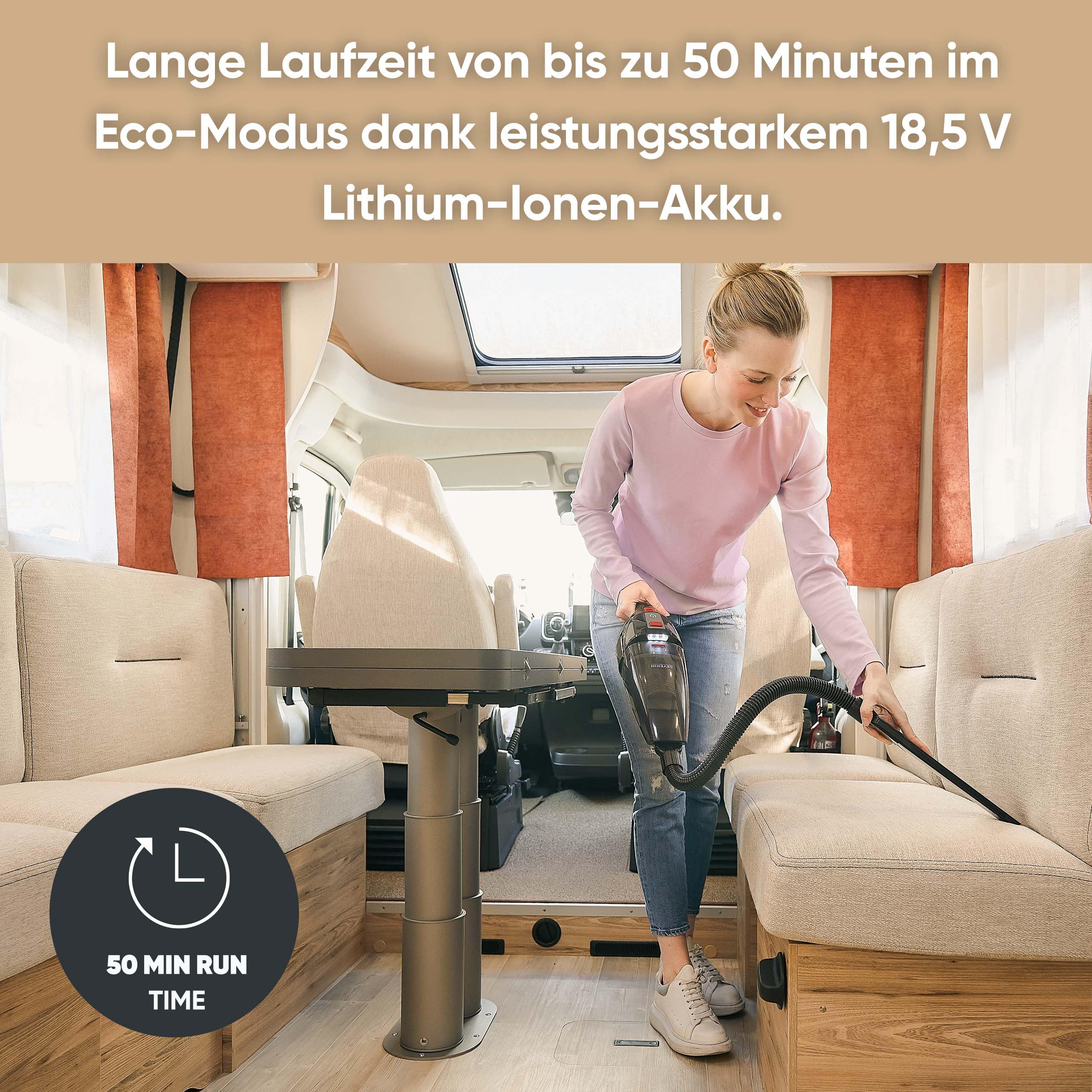 SEVERIN Akku Handstaubsauger kabellos, 18,5 V, 50 Min Laufzeit, Nass- und Trockensauger mit LED-Akku, rotierender Turbobürste und Tragetasche, für Auto, Camping und Tierhaare, HV 7147