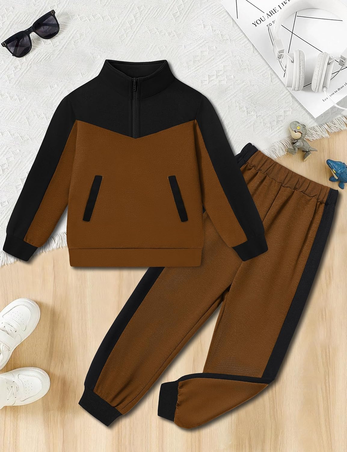 Boys Clothes Solid Color Block Kid Boys' Clothing Sets Stand Collar Half-Zip Sweatsuit 2pcs Outfits with Pocket 6-12y - Image 5