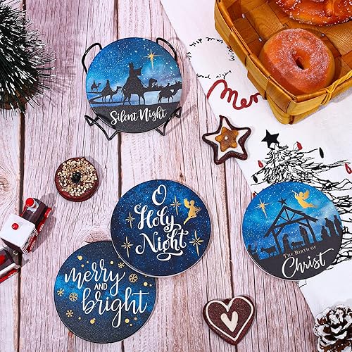 Miniatura 5 de AnyDesign - Juego de 4 posavasos de Navidad para la noche santa, color azul, para Navidad, Navidad, Navidad, Navidad, Navidad, Navidad, belén,