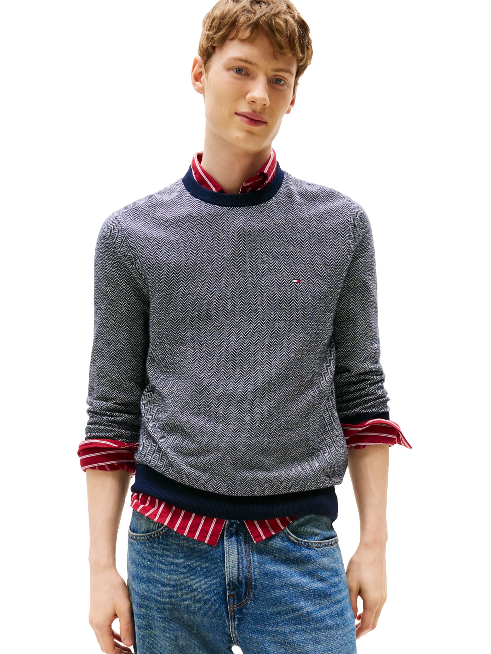 Tommy Hilfiger Men's Herringbone Cotton Cashmere Crewneck Sweater Pullover, Desert Sky/Ivory Petal, Large