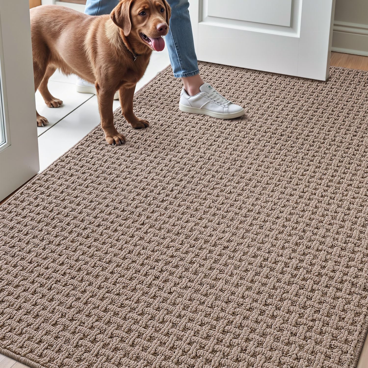 LUMI Waschbare Fußmatte Innen 90x150 cm, Saugfähige Schmutzfangmatte Beige | Schmutzfangend, Rutschfeste Gummiunterseite, Flaches Profil, Eingangsmatte, Stark frequentierte Bereiche