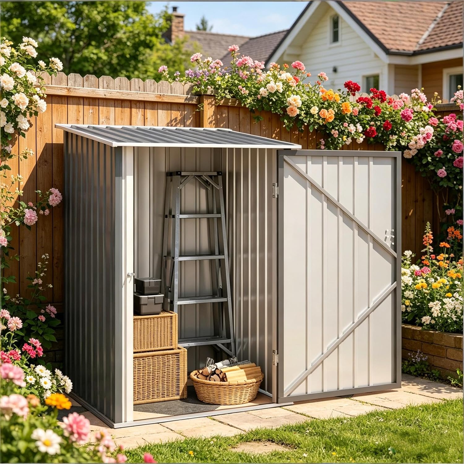 Small Metal Outdoor Garden Shed Tool Storage with Lockable Door, Sloped Roof, Stable Weather-Resistant Galvanized Steel Frame, Ventilation Slots, Easy Assembly