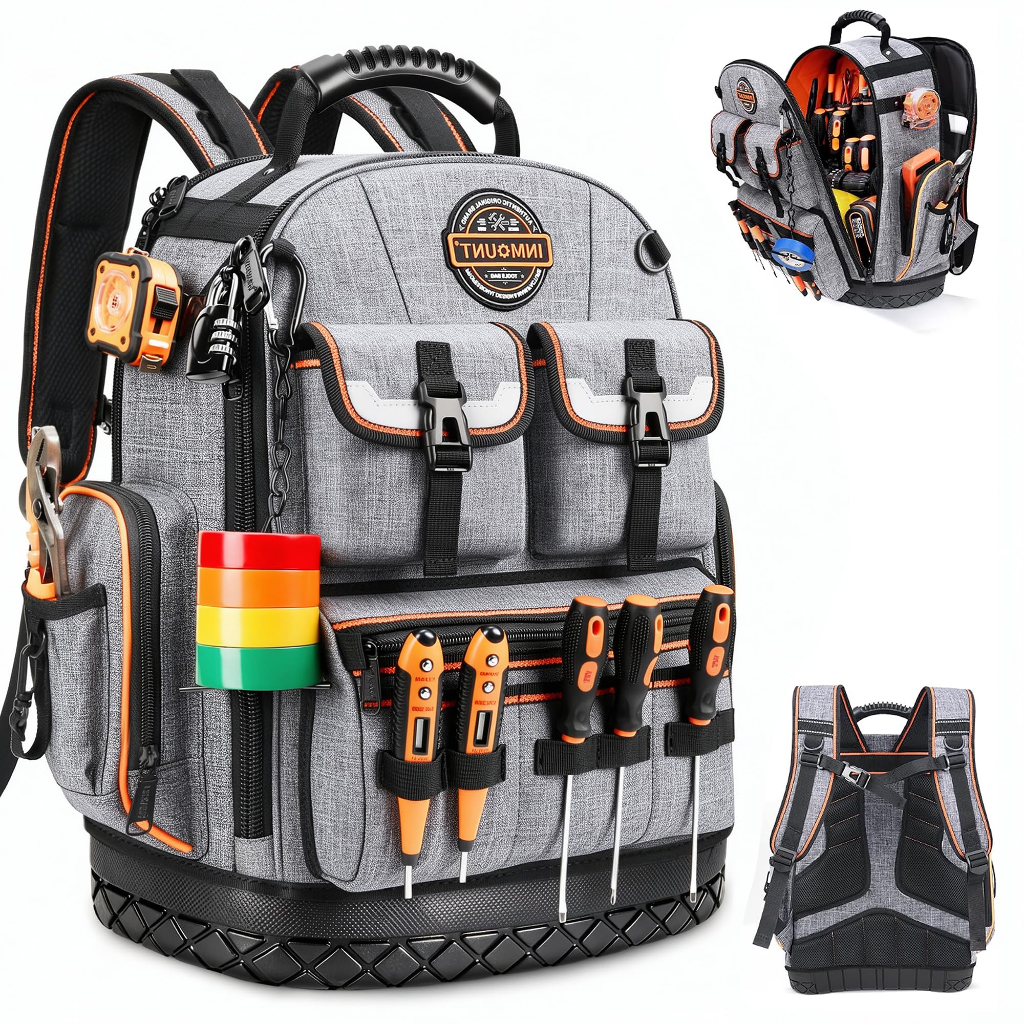 Heavy Duty Tool Backpack, 18.5 in, 56 Pockets, Molded Bottom, Gray