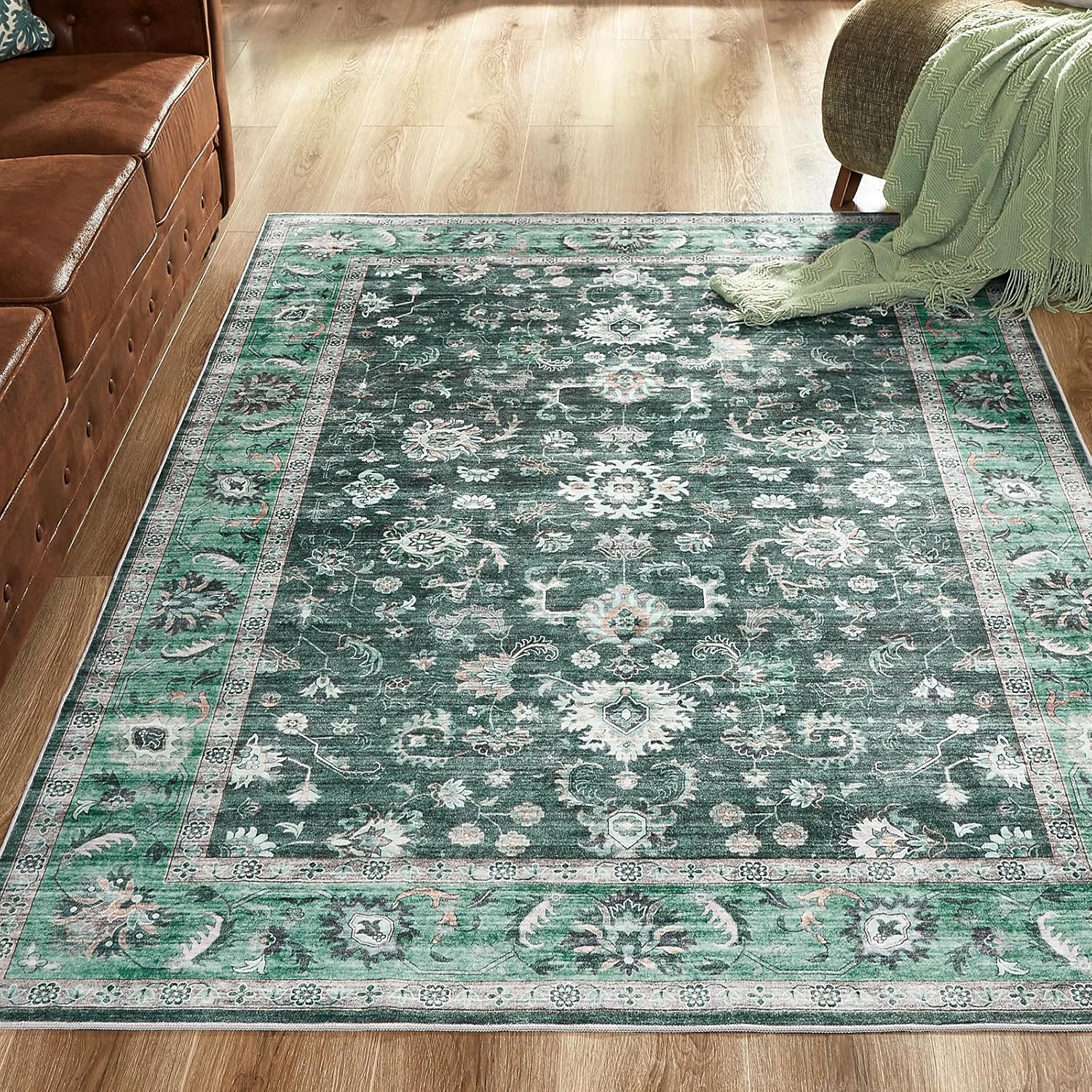 WITSHOCK 5x8 Area Rugs for Living Room: Machine Washable Non Slip Vintage Carpet - Low Pile Lightweight Print Rug for Bedroom Dining Room - Stain Resistant for Household - Pet-Friendly (Forest Green)
