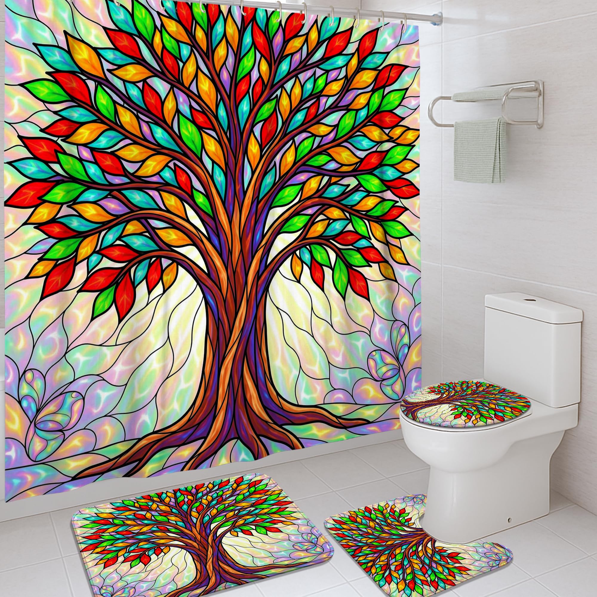 Rideau de douche motif arbre et papillon ensemble tapis de bain imperméable