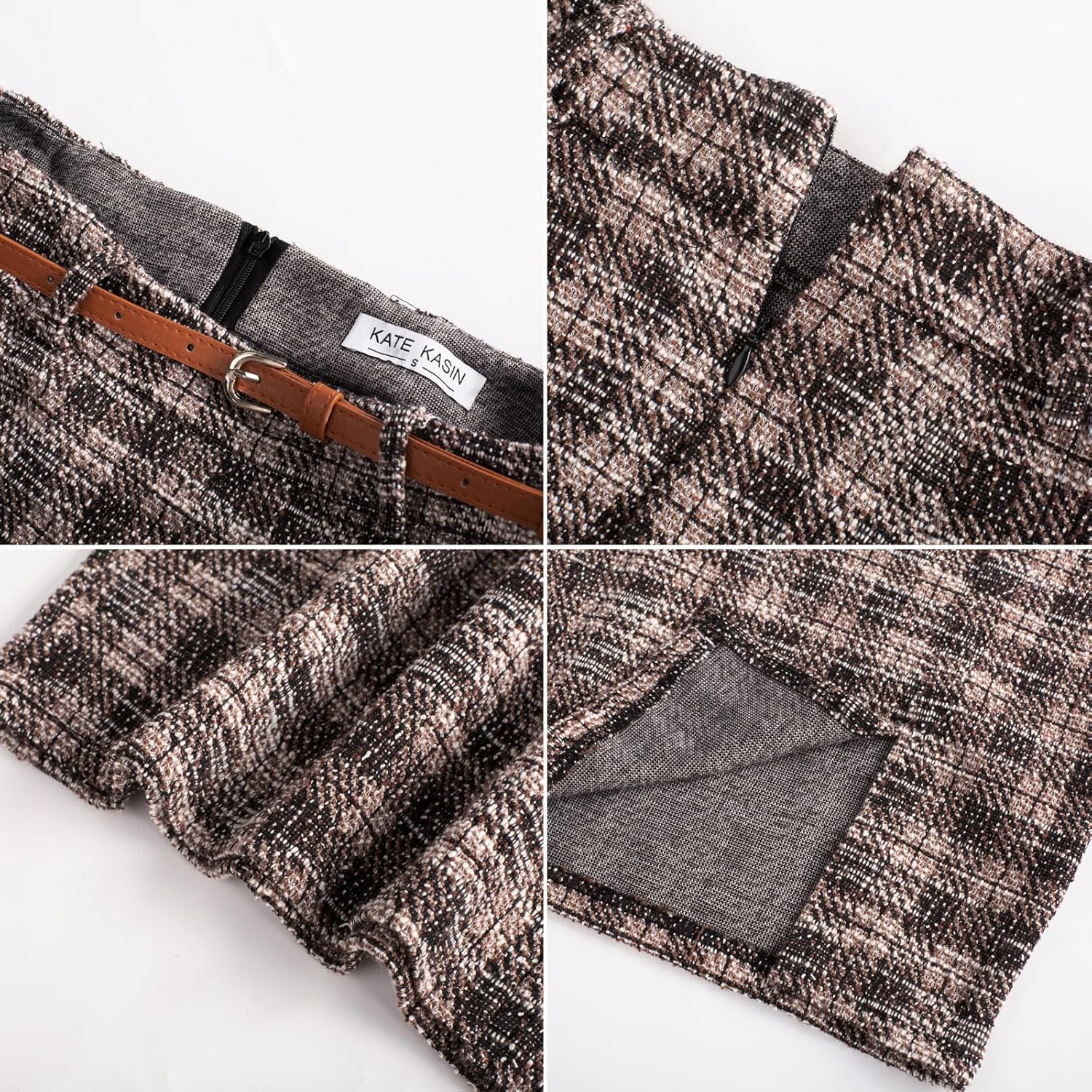 Kate Kasin Women's Tweed Pencil Skirt Knee Length High Waisted Skirts with Slit Elegant Skirts with Belt - Image 5