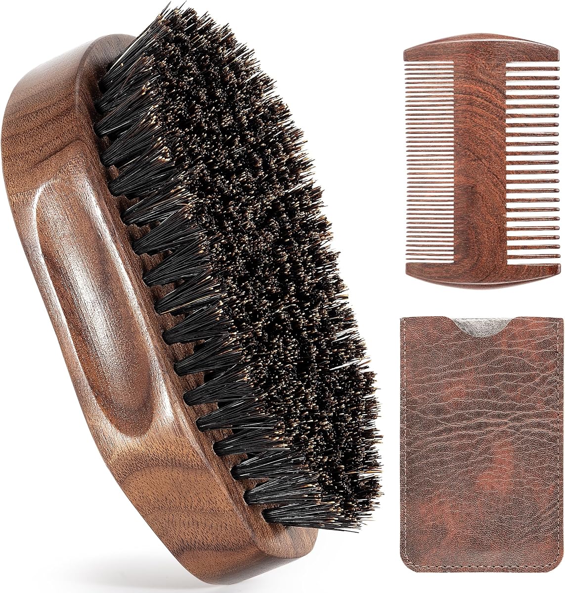 3PCS Beard Brush Comb Set for Men, Black Walnut Wood Dual Beard Comb & Case, Men's Natural Wooden Mustache Brush Kit - Medium Hardness