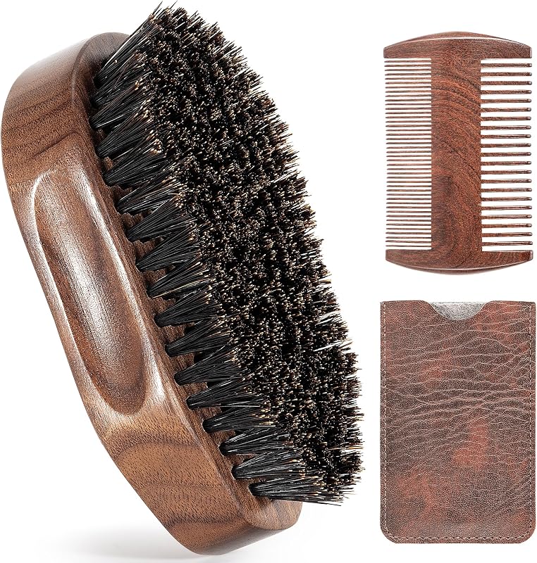 3PCS Beard Brush Comb Set for Men, Black Walnut Wood Dual Beard Comb & Case, Men's Natural Wooden Mustache Brush Kit - Medium Hardness