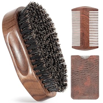 3PCS Beard Brush Comb Set for Men, Black Walnut Wood Dual Beard Comb & Case, Mens Natural Wooden Mustache Brush Kit - Medium Hardness