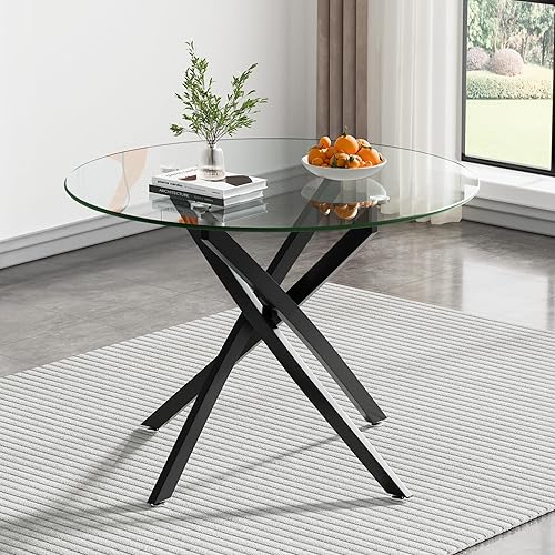 Mesa de comedor moderna de vidrio redonda con parte superior de vidrio templado, patas de metal negro, mesa de comedor para cocina, muebles para el