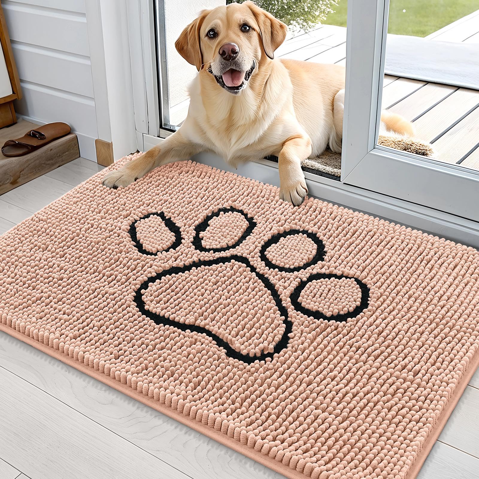 OLANLY Dog Door Mat for Muddy Paws 36x24, Paw Print Design Chenille Mud Mat