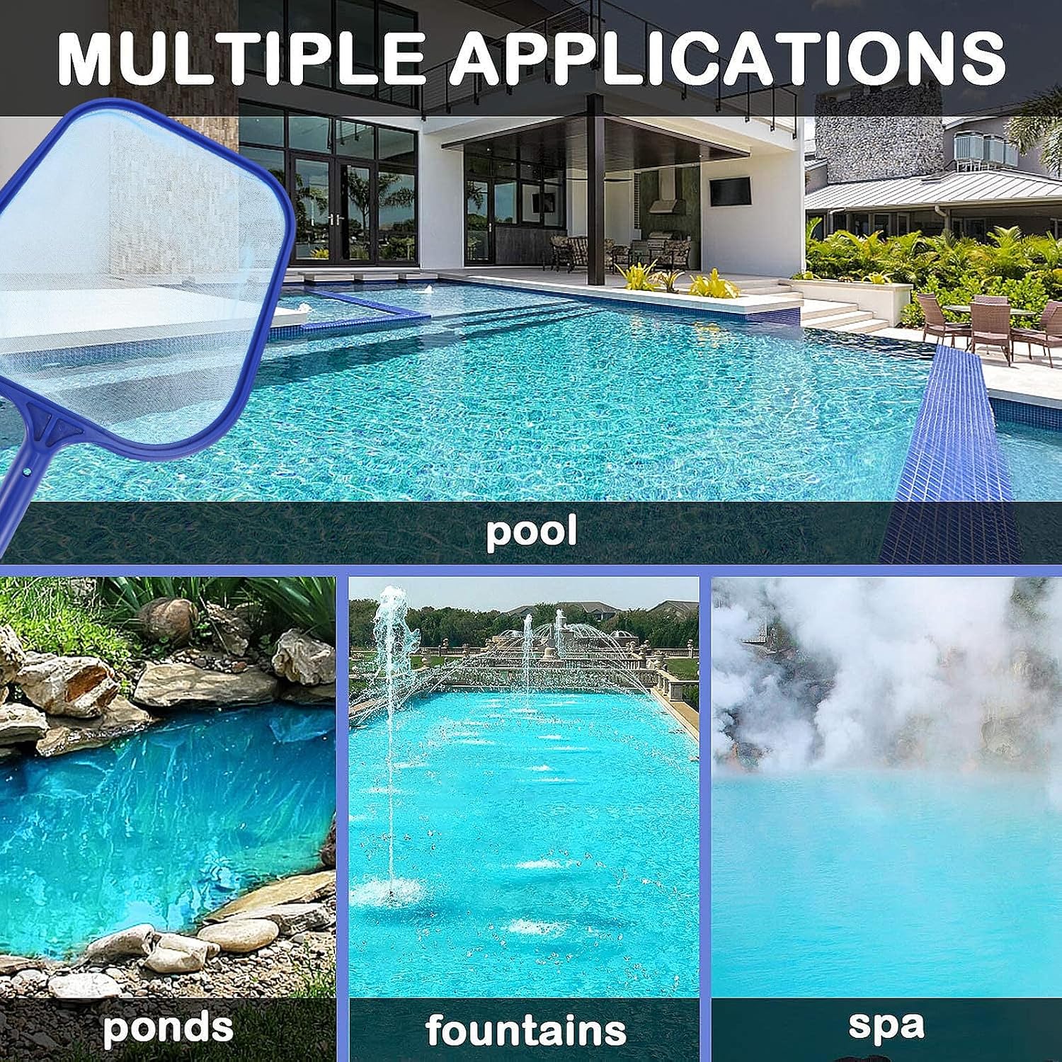 Kichvoe Pool Skimmer Net Pool Leaf Rake Set with Telescopic Aluminum Pole 3-Section 46cm Retractable and Leaf Removal