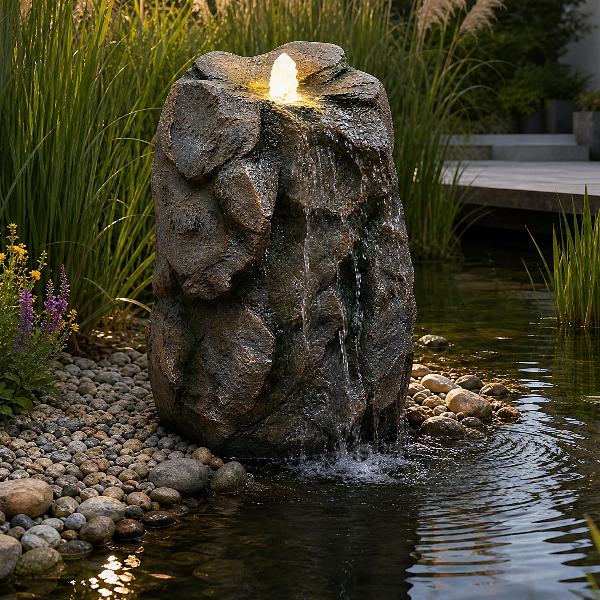 Kunstfelsen Wasserfall mit LED für Teich – Quellstein in Steinoptik, Wasserspiel für Gartenteich & Bachlauf, wetterfeste Teichdeko aus Polyresin inkl. Schlauch & Netzteil