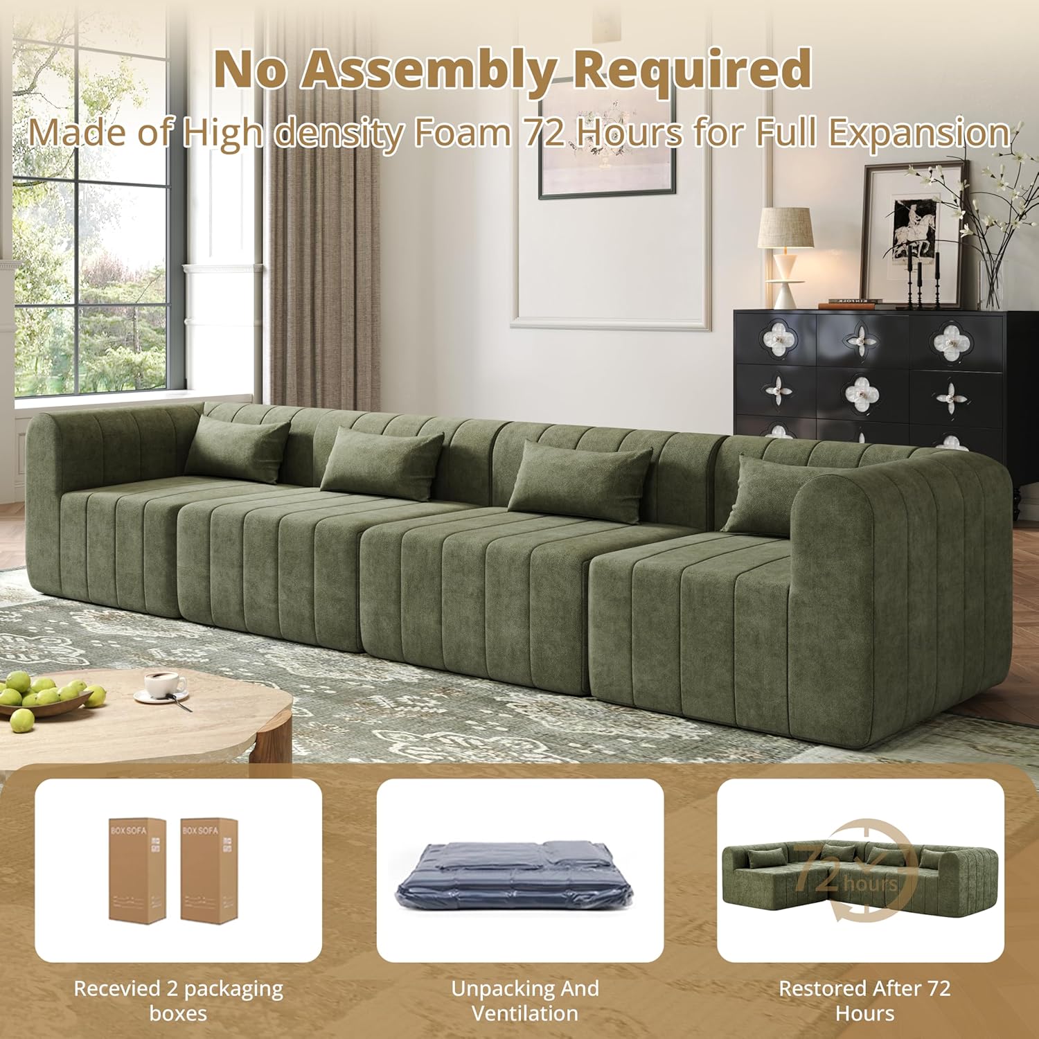 Christopher Knight Home Flarin 145.5" Convertible Sectional Sofa Couch, L-Shape Home Sofa Living Room, 4 Seat Sectional Sleeper Sofa, Fabric Upholstered Comfy Cloud Couch, No Assembly, Olive Green