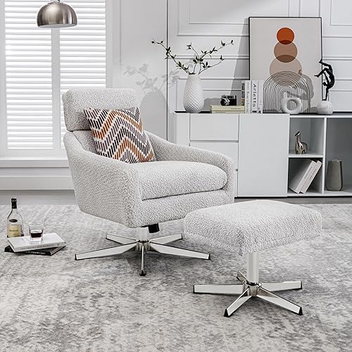Silla reclinable con otomana de piel sintética con reposapiés giratorio de 360 grados, sillón con base giratoria de metal para sala de estar,