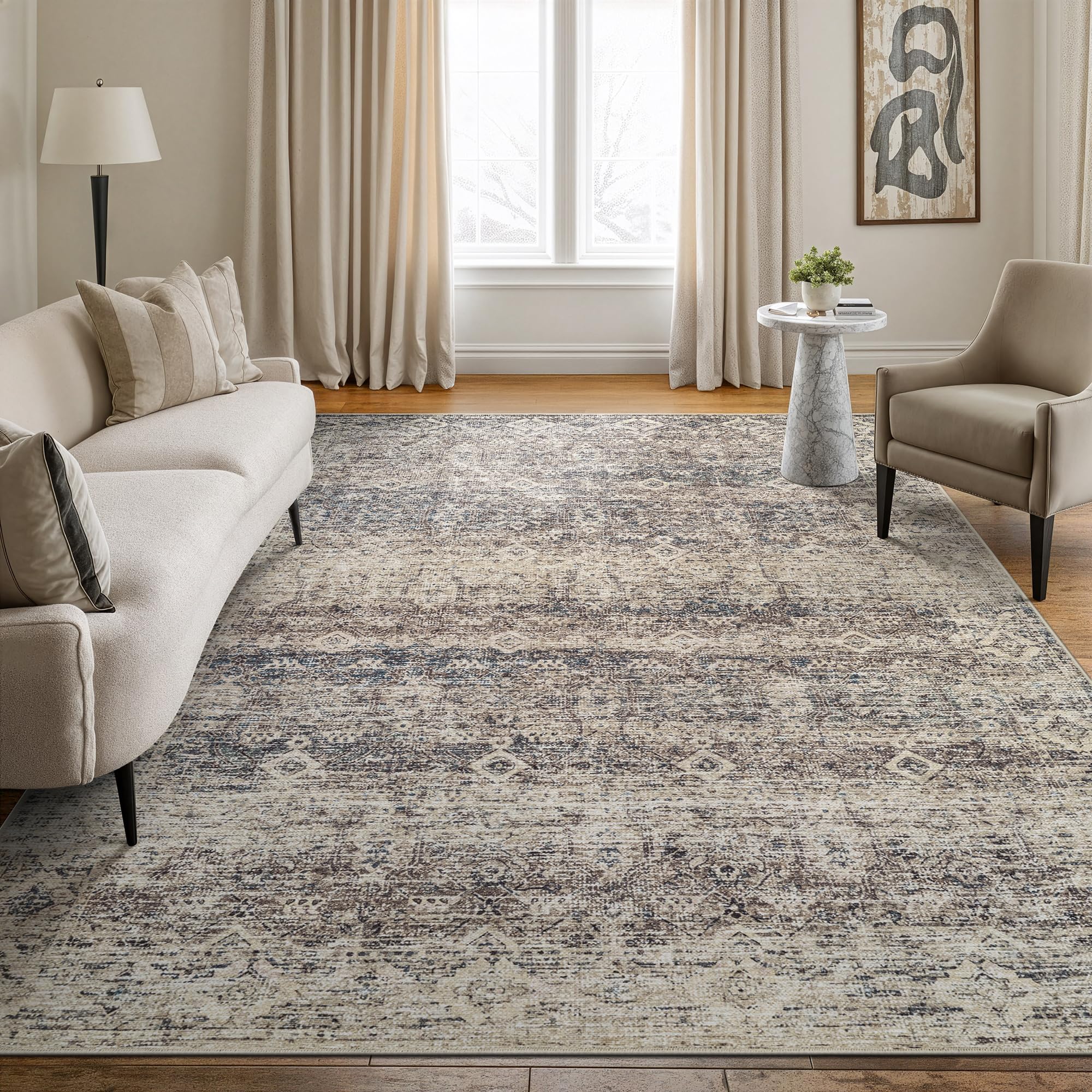 Bloom Rugs Caria Washable Non-Slip 9x12 Rug - Beige Brown/Teal Traditional Area Rug for Living Room, Bedroom, Dining Room, and Kitchen - Exact Size: 9