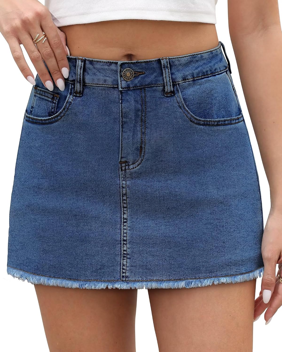 KDF Denim Skort for Women High Waisted Denim Mini Skirt Stretch Women Jean Skirt Shorts with Trendy Frayed Raw Hem