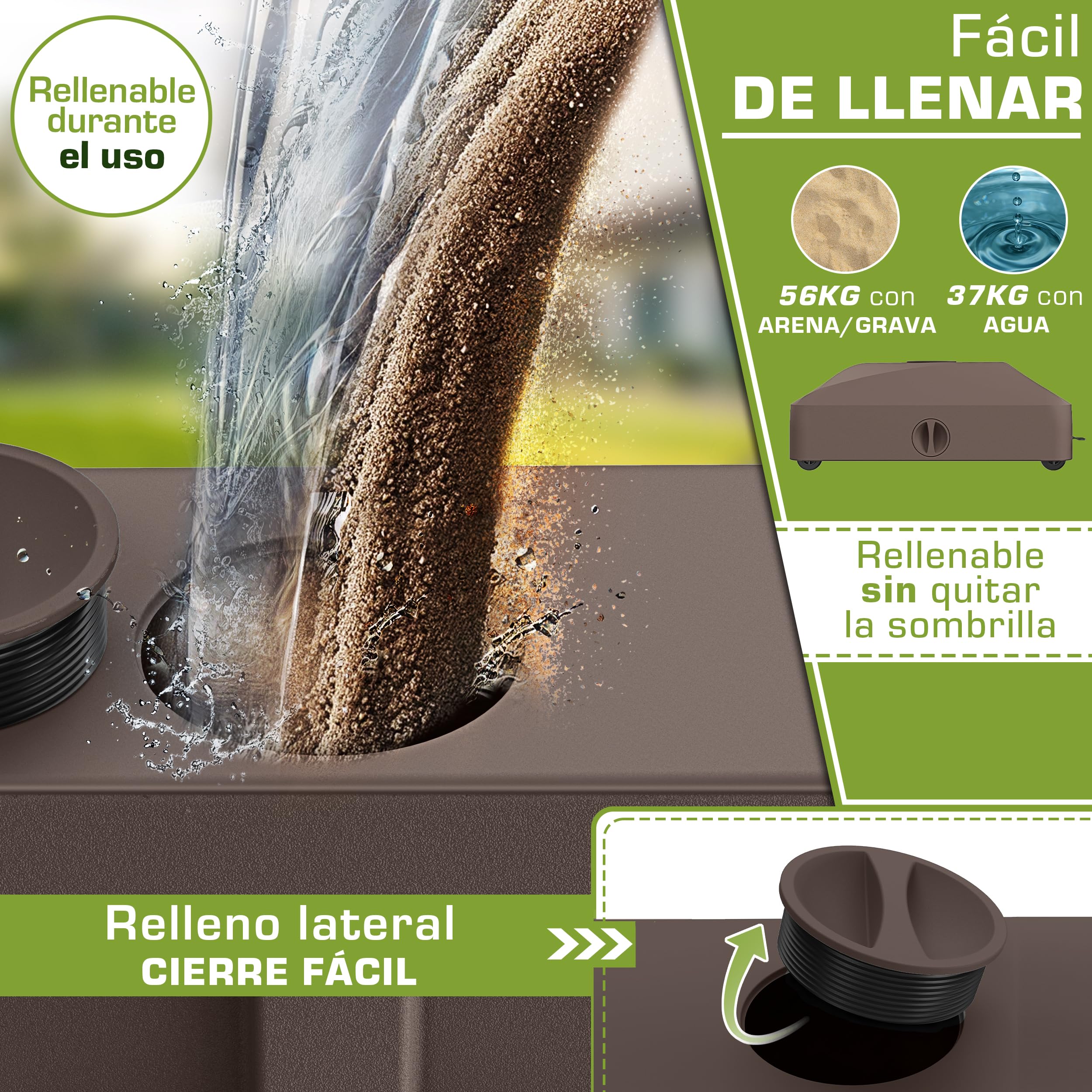 tillvex® Base de sombrilla GRAVIA con Ruedas y Frenos | Soporte de lastre rellenable 37L / 56kg | Pie para Parasol y sombrilla de Mercado Ø 1,8-3,7m | Resistente a la Intemperie y UV (Marrón) — view 3