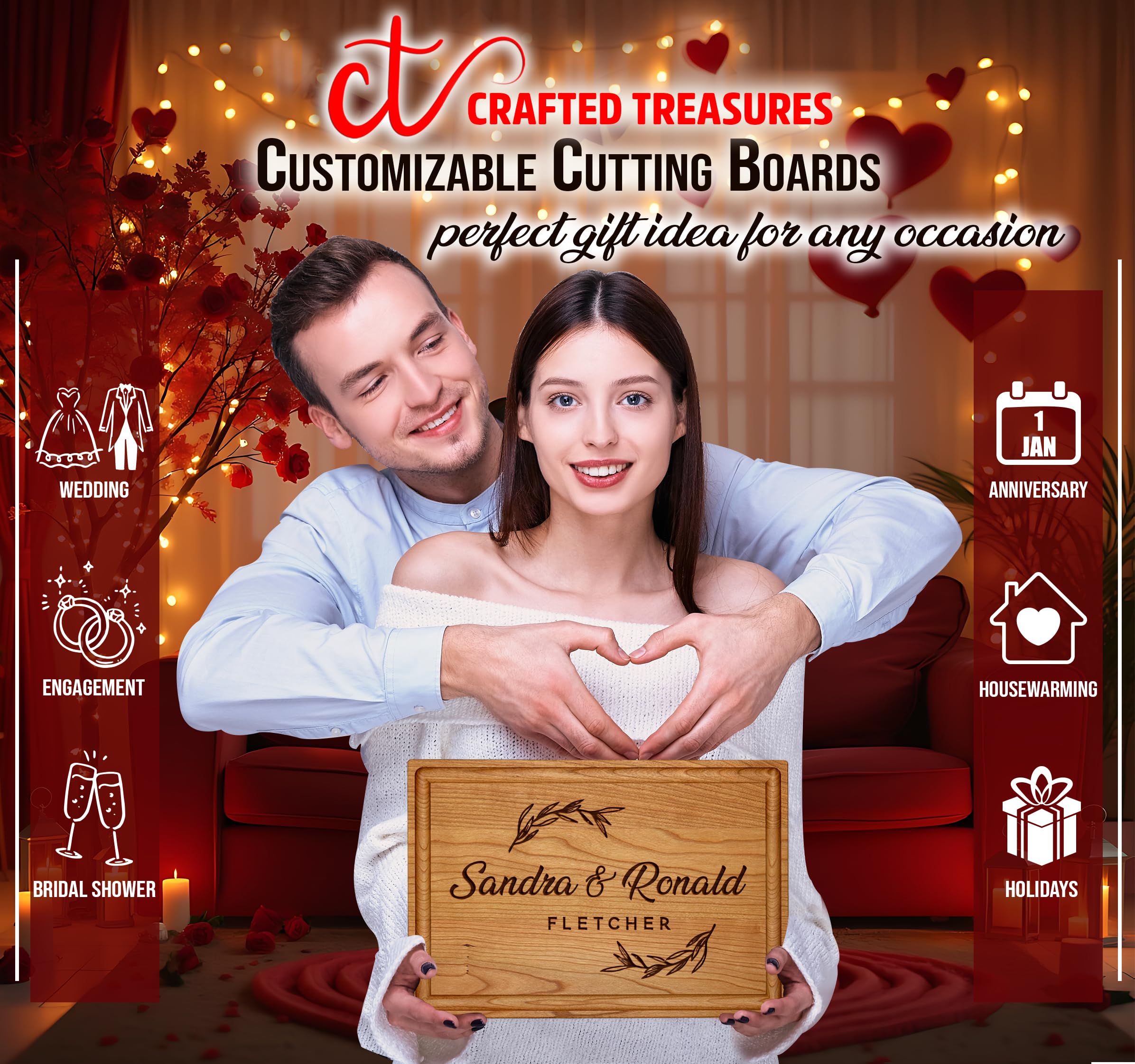 Crafted Treasures Customized Cutting Boards - Personalized Anniversary Gift for Couple - Custom Engraved Charcuterie Board - Best Present Idea for Wedding, Bride, Bridal Shower, Housewarming,Christmas