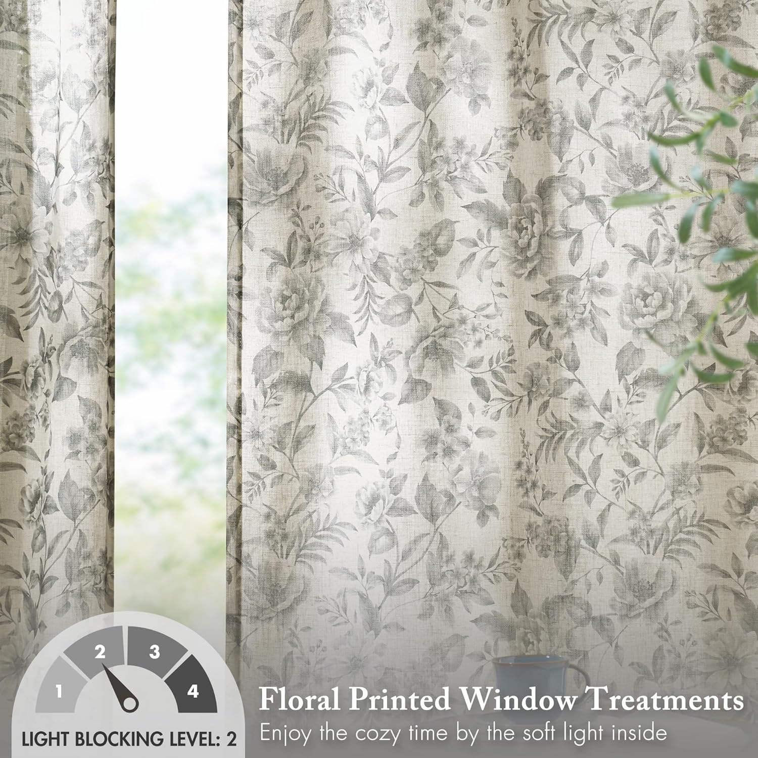 Madison Park Linen Curtains, Linen Window Panel for Living Room, Floral Window Curtains with Rod Pocket, Farmhouse Light Filtering Window Panels for Privacy, Lana 2 Panel Set, 42" W x 84" L, Charcoal