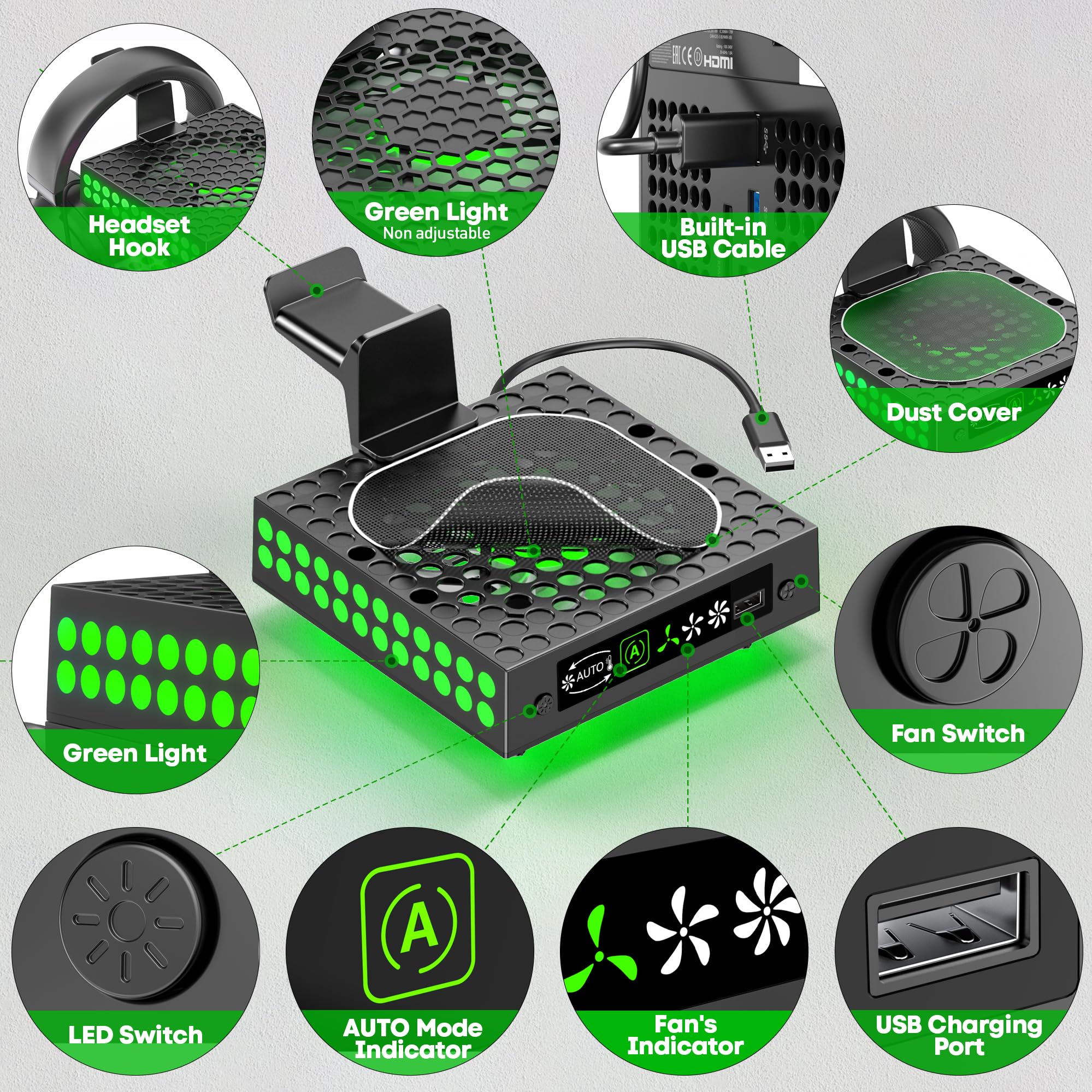 Ventola Xbox Series X di Raffreddamento Automatica, Raffreddamento Xbox Serie X con 9 modalità Luce RGB, Ventola Accessori X box Series X con Gancio per Cuffie