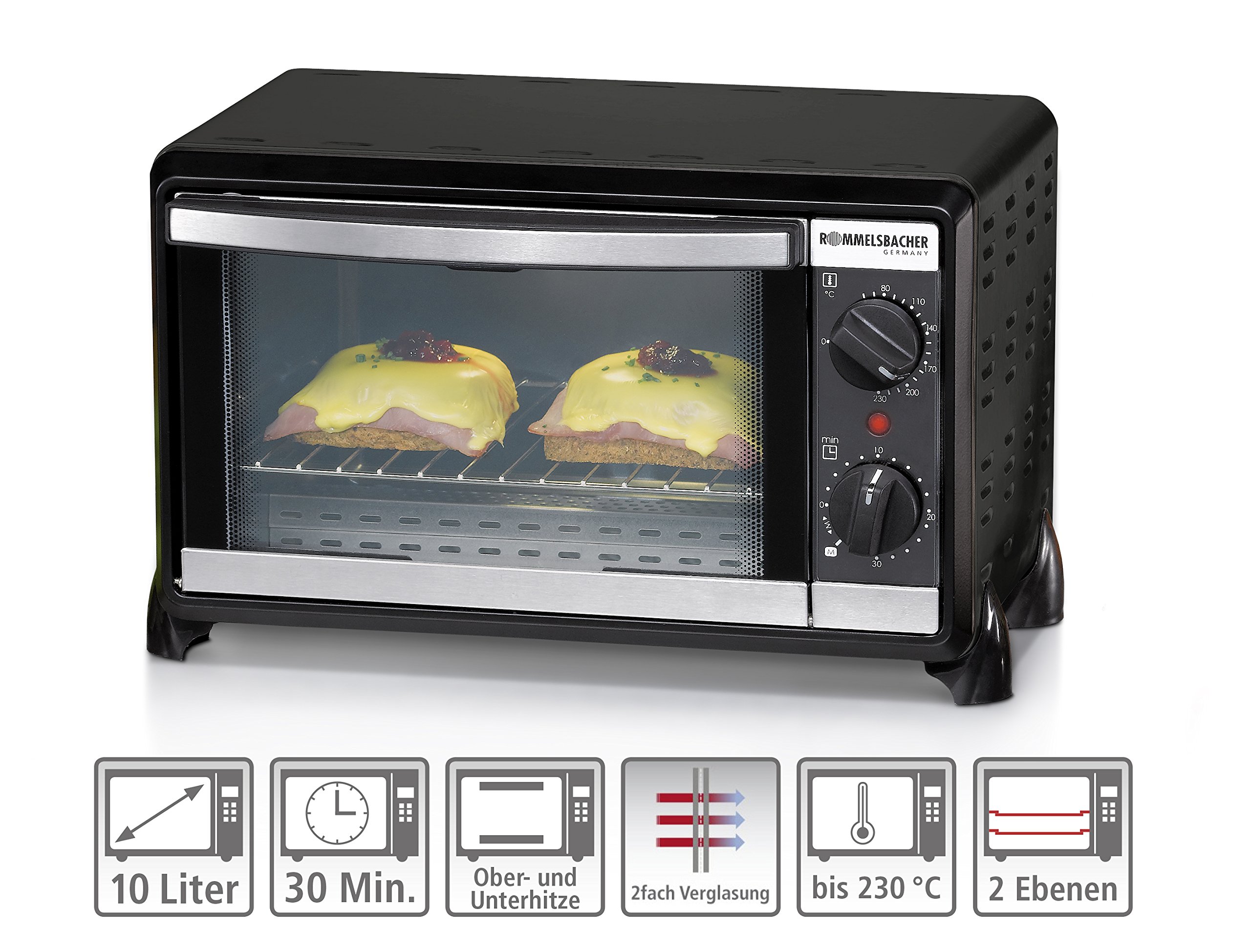 ROMMELSBACHER Horno pequeño BG 950 "Speedy" – 10 litros de espacio para hornear, 2 elementos calefactores de cuarzo, temperatura de 80 – 230 °, calor superior/inferior, temporizador, cámara
