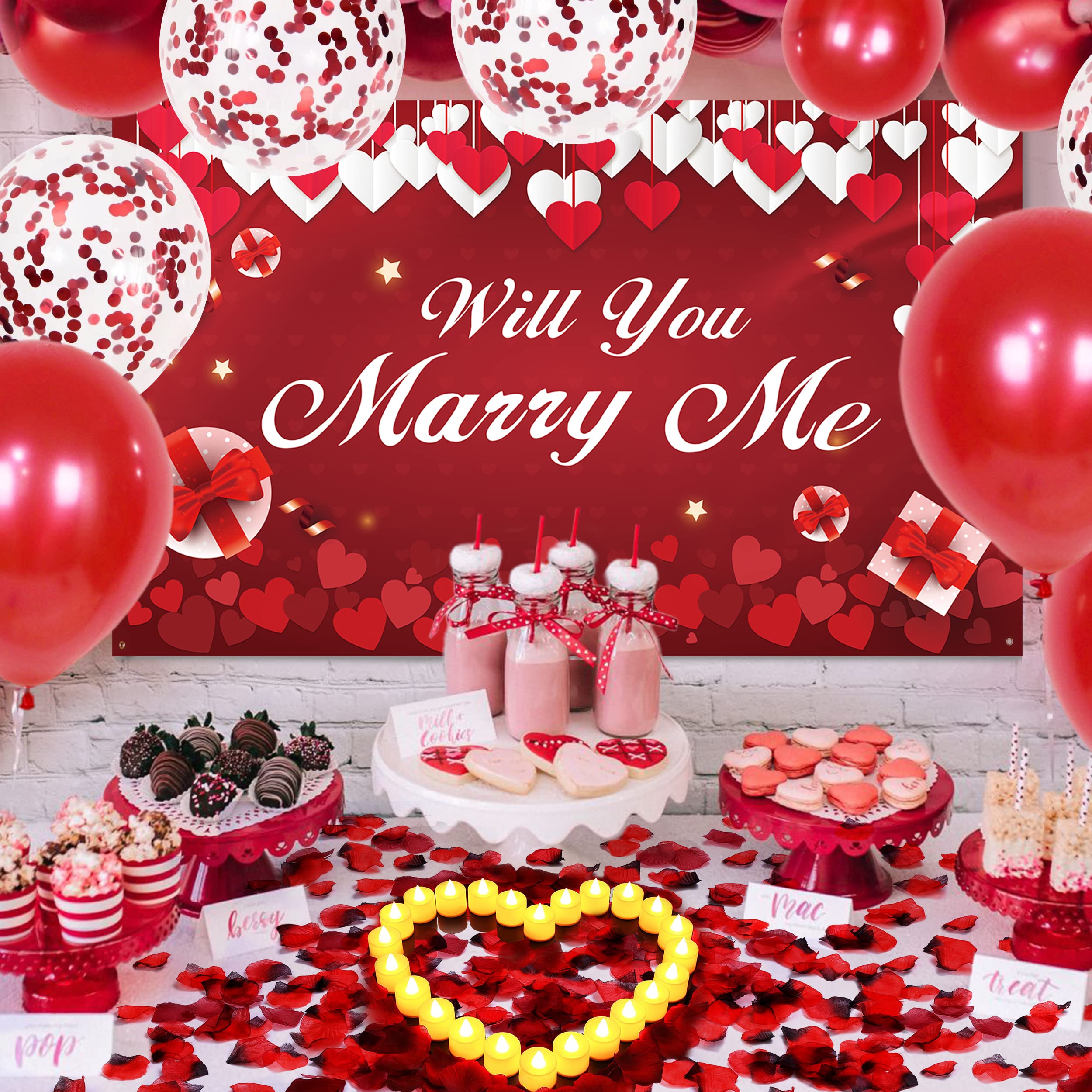 Balloons Engagement Party Decorations Kit - Marry Me Backdrop Banner Conteffi Balloon Led Tea Lights Candles Artificial Rose Pedals Love Propose Decoration Set Romantic Red Engaged Decor