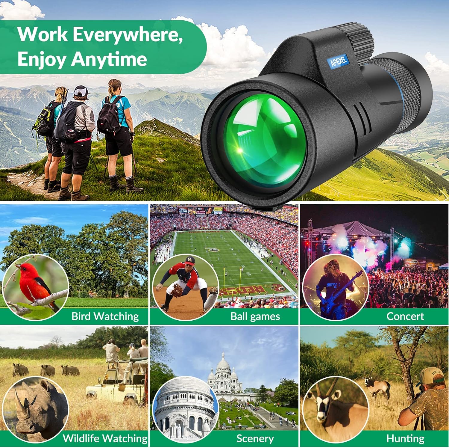 Collage of images showing the monocular being used for bird watching, ball games, concerts, wildlife watching, scenery viewing, and hunting
