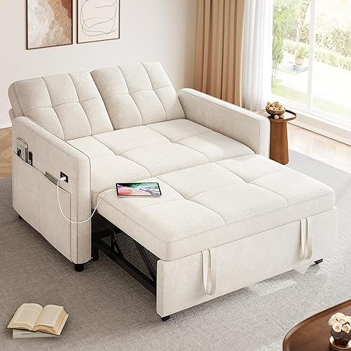 DWVO 3 in 1 Convertible Sleeper Sofa Bed, 55" Pull Out Sofa Bed with Adjustable Backrest and USB, Velvet Futon Couch with Side Pockets for Living Room, Beige