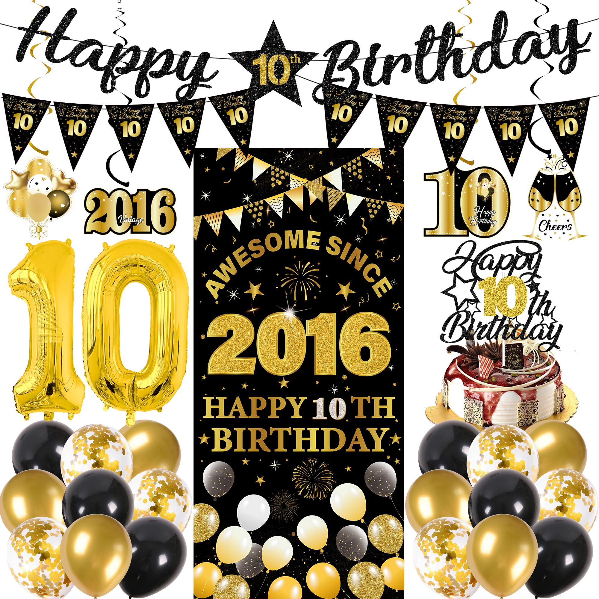 10th Birthday Decorations Boys Girls - 27 Pcs Black Gold Happy 10th Birthday Banner Triangular Flag Hanging Swirls Backdrop Cake Topper 10 Balloon Set for 10 Years Old Party Decoration Supplies