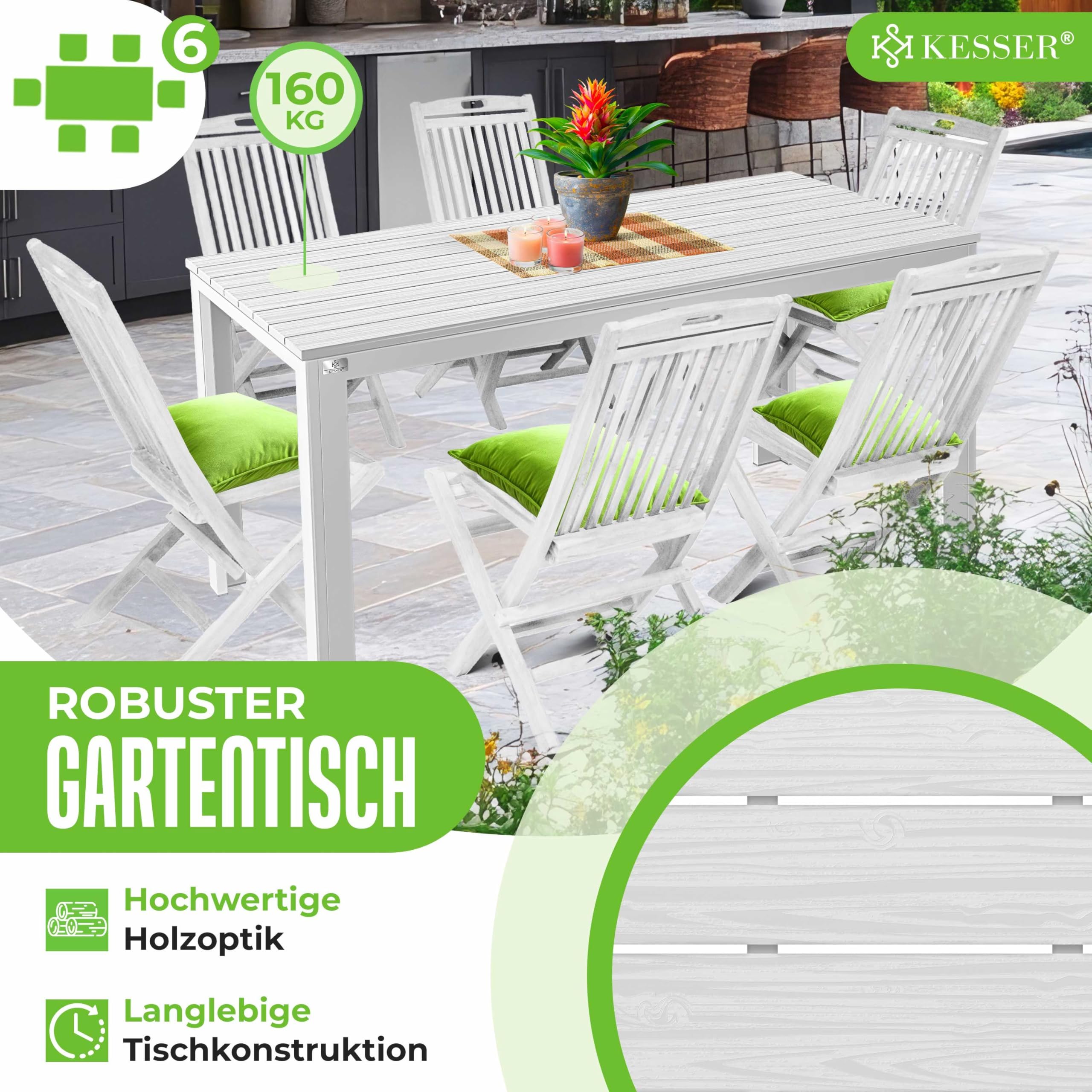 KESSER® Tavolo da giardino 156 x 78 cm, per 6 persone, resistente alle intemperie e ai raggi UV, tavolo da esterno con struttura in acciaio verniciato a polvere e piano in plastica effetto legno, con