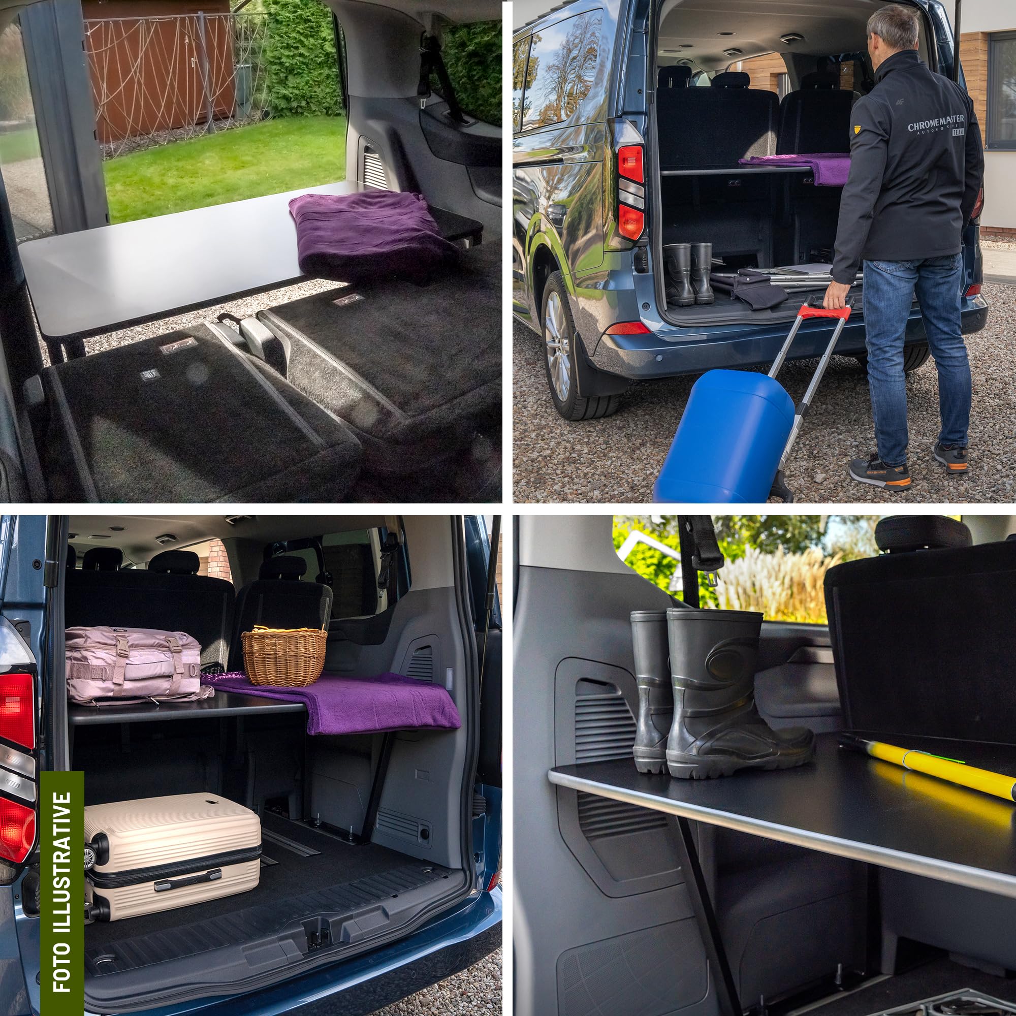 CHROMEMASTER | Compatibile con Ford Tourneo Custom II 2023+ | Letto Pieghevole per Auto, Prolunga del Letto Multiflexboard per Camper, Scaffale, Tavolo | Accessorio per il Camper