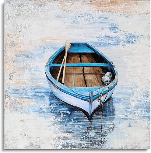 Miniatura 2 de YHSKY ARTS Lienzo costero para decoración de pared, pintado a mano, azul claro, barco, cuadros cuadrados, arte náutico abstracto moderno, para sala