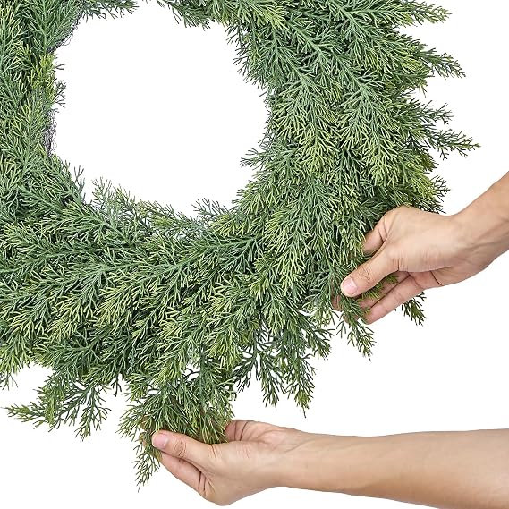 Real Touch Cedar Wreath - 22 Inch Outdoor Traditional Artificial Greenery Wreath for Front Door Windows Indoor Weatherproof Holiday Decor